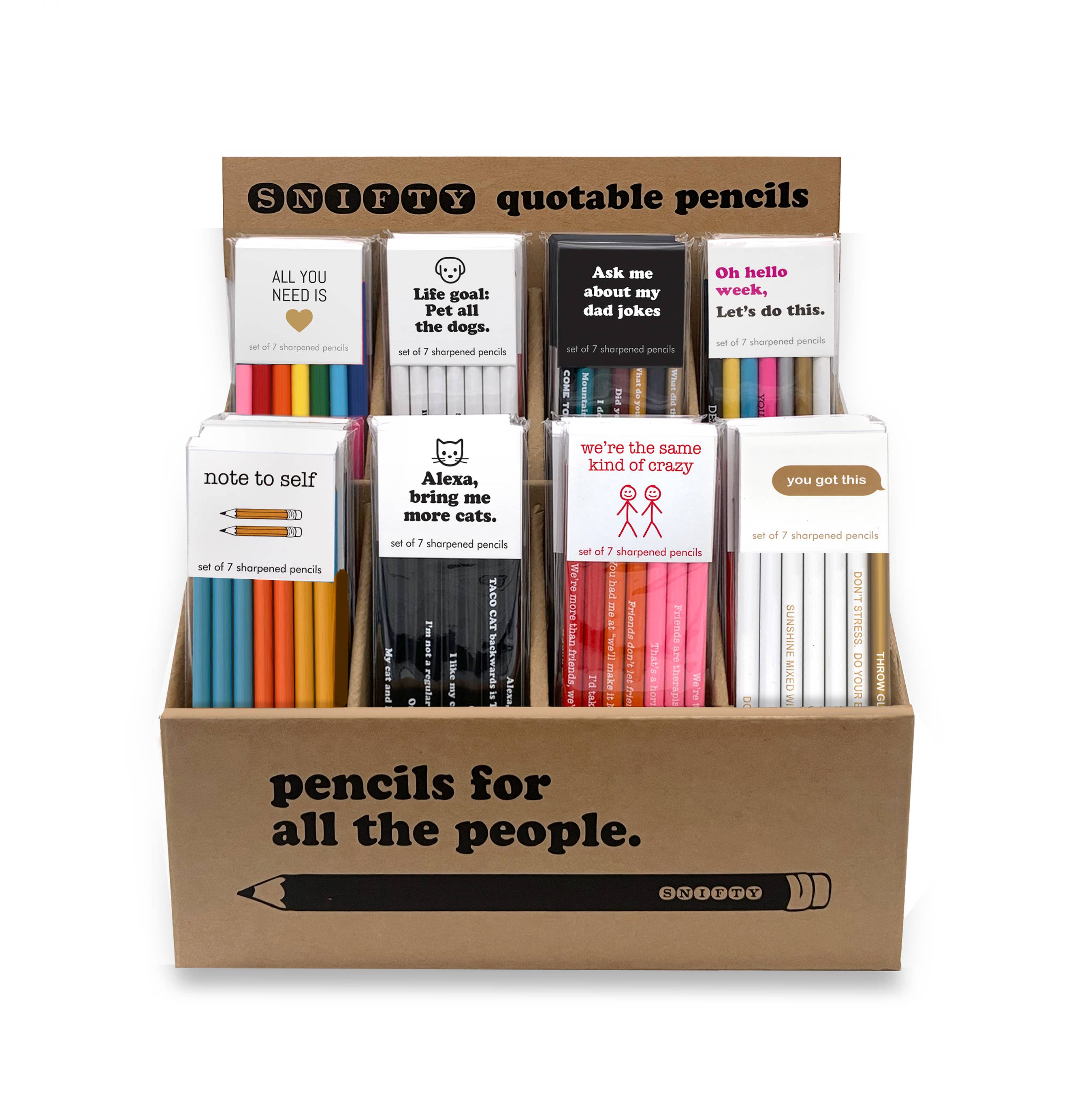 A kraft display box filled with 48 quotable pencil sets, including the Alexa, Bring Me More Cats design alongside other fun styles like Hello week and Life goal: pet all the dogs.