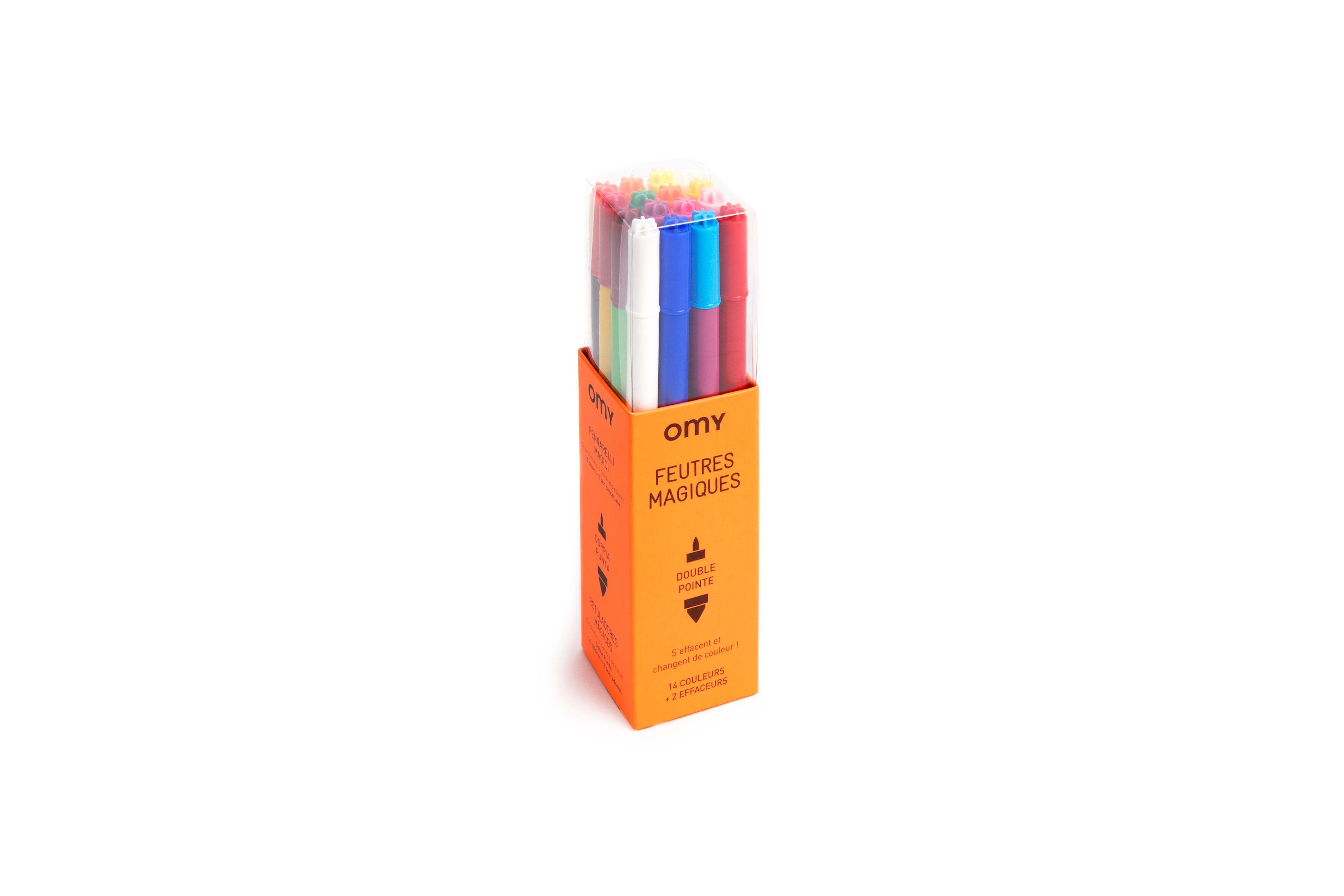 A box of 16 magic markers for colorful creations. White marker changes colors to cap colors. Ideal for artistic minds.