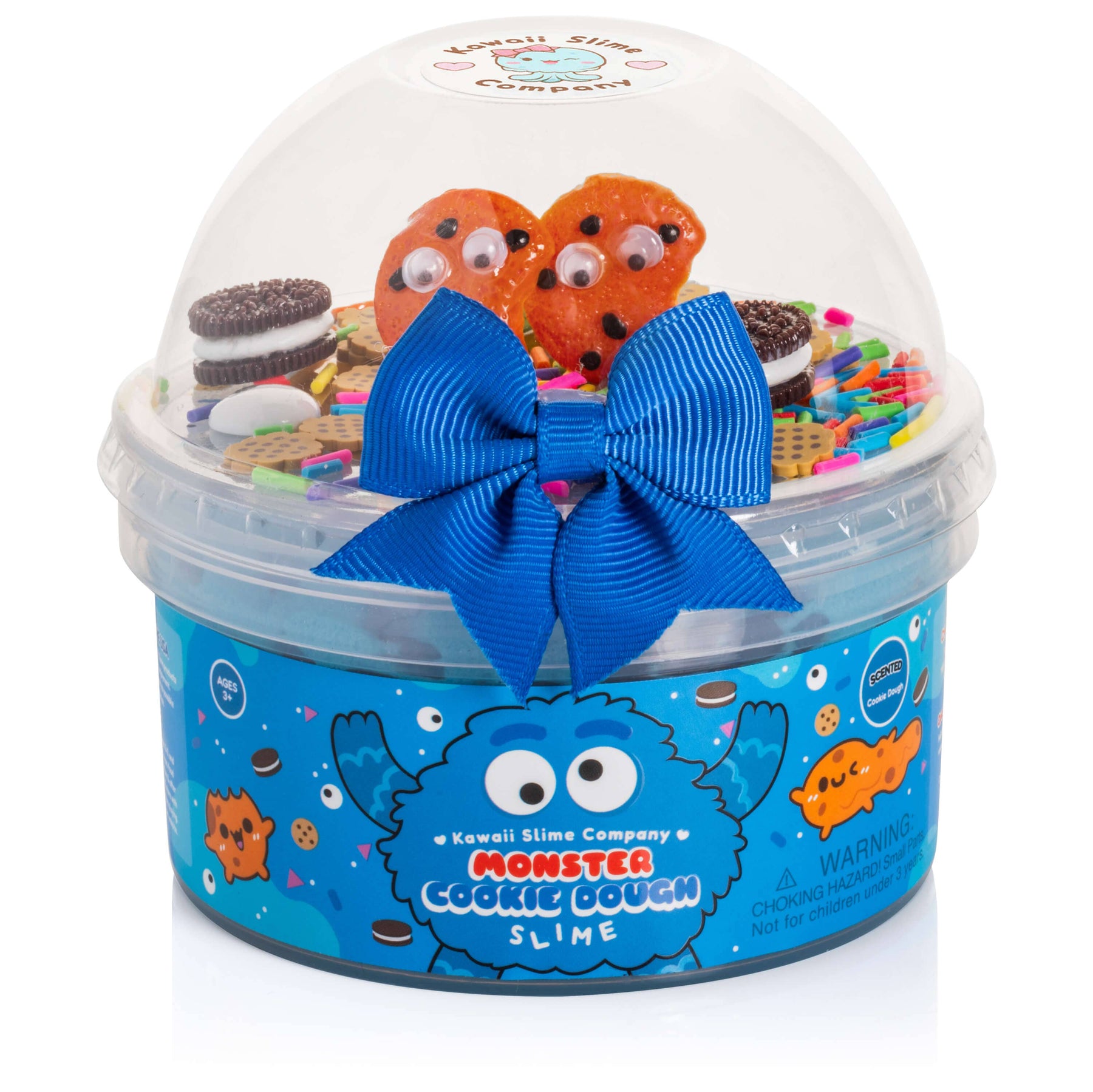 A container of Monster Cookie Dough Slime with cookie charms and inspired toppings, featuring a vibrant blue hue. Satisfy your senses with this fun, scented Slime.