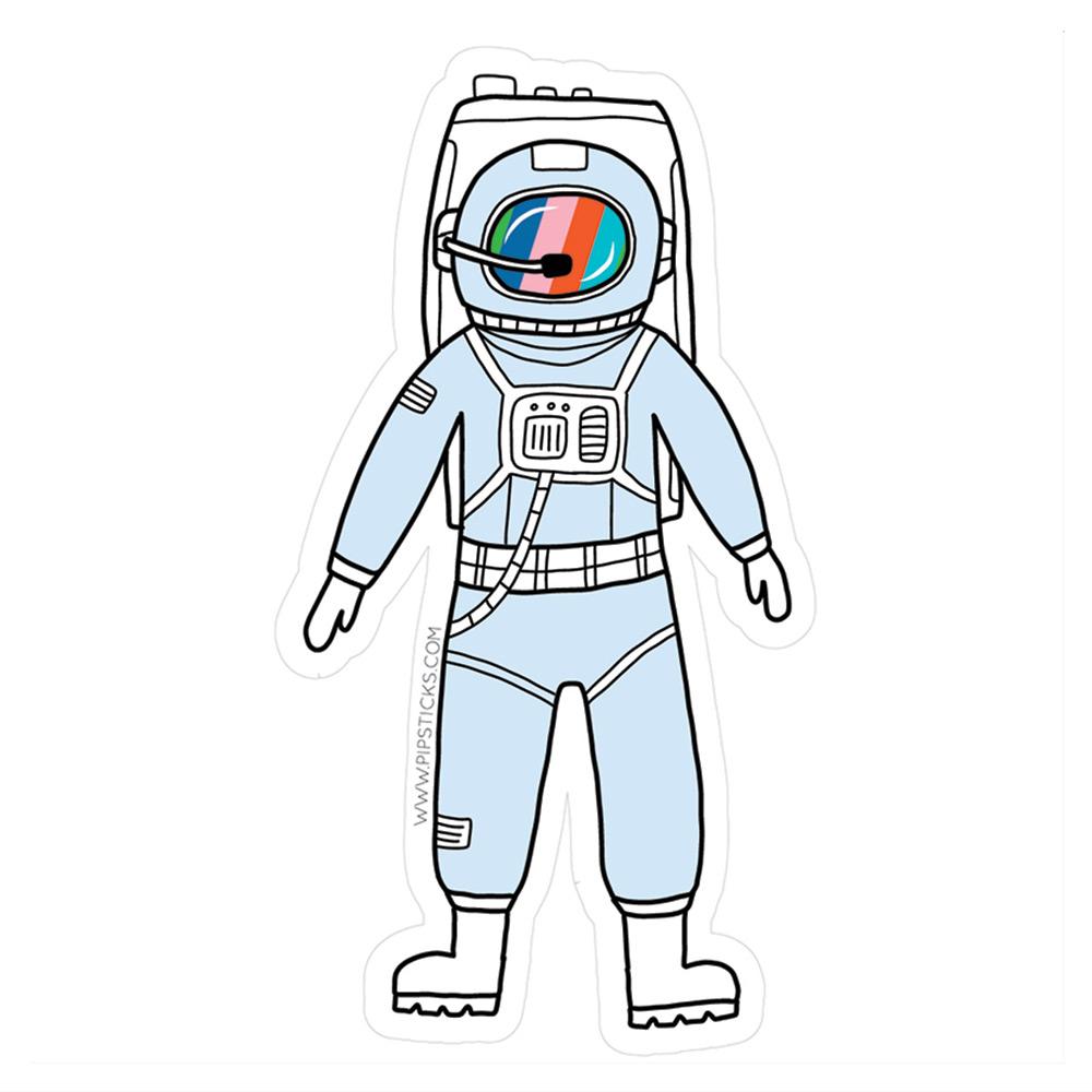 Astronaut Vinyl sticker: A cartoon astronaut in a colorful helmet with a black microphone, surrounded by a drawing of a radio and a square. Perfect for sticker lovers!