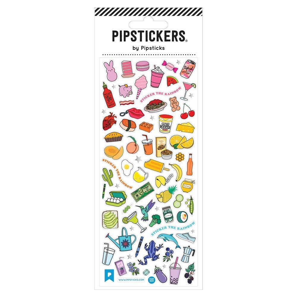 A sticker sheet featuring food and drinks, a white and red container, and unique PVC designs with holographic silver foil accents. Product title: Sticker the Rainbow.