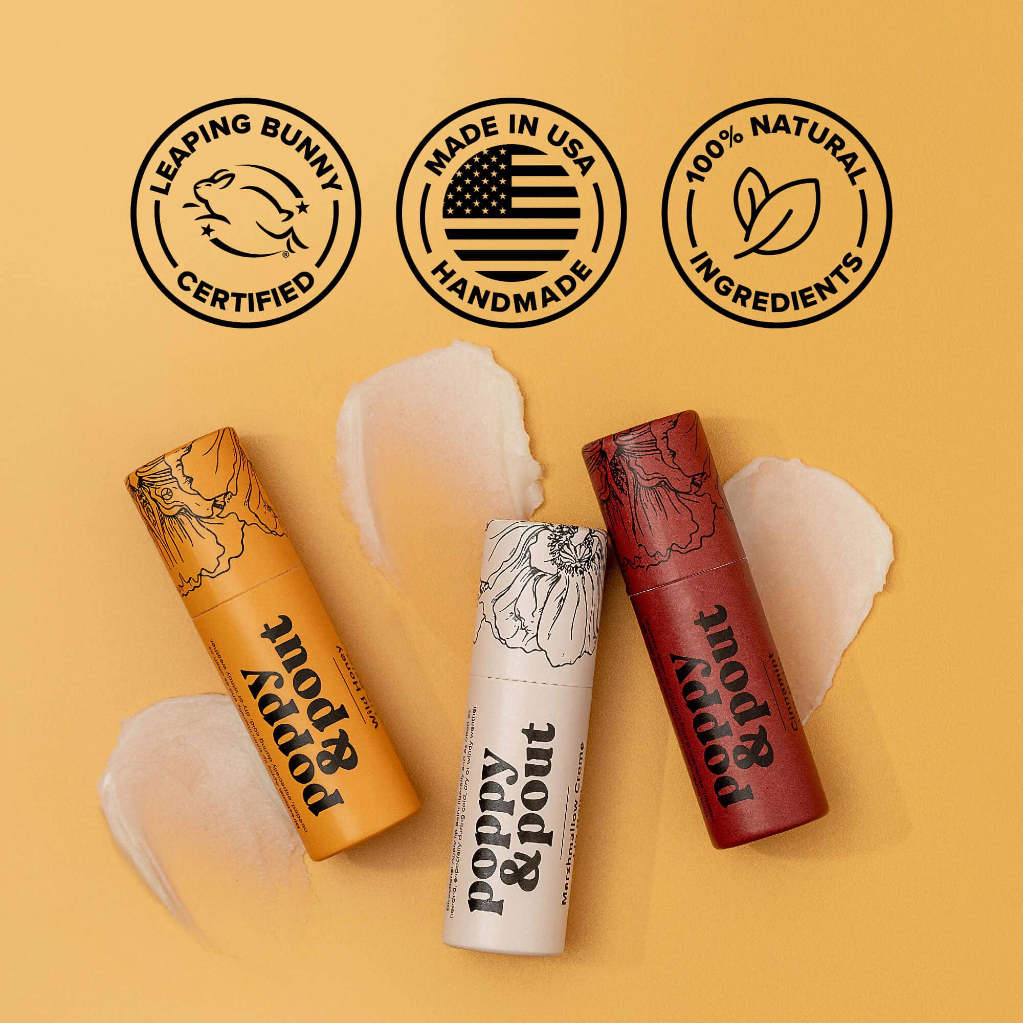 Hand-poured Wild Honey Lip Balm in eco-friendly cardboard tube by Poppy & Pout. Ethically sourced beeswax, organic coconut oil, Leaping Bunny certified cruelty-free.