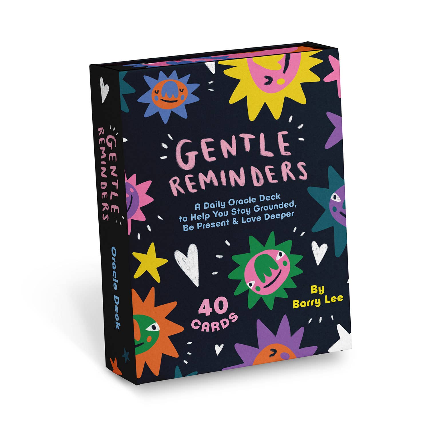 A portfolio-style box featuring the Gentle Reminders Deck by Barry Lee, a set of 40 self-care cards with rounded corners, 3.25 x 4.5 inches each.