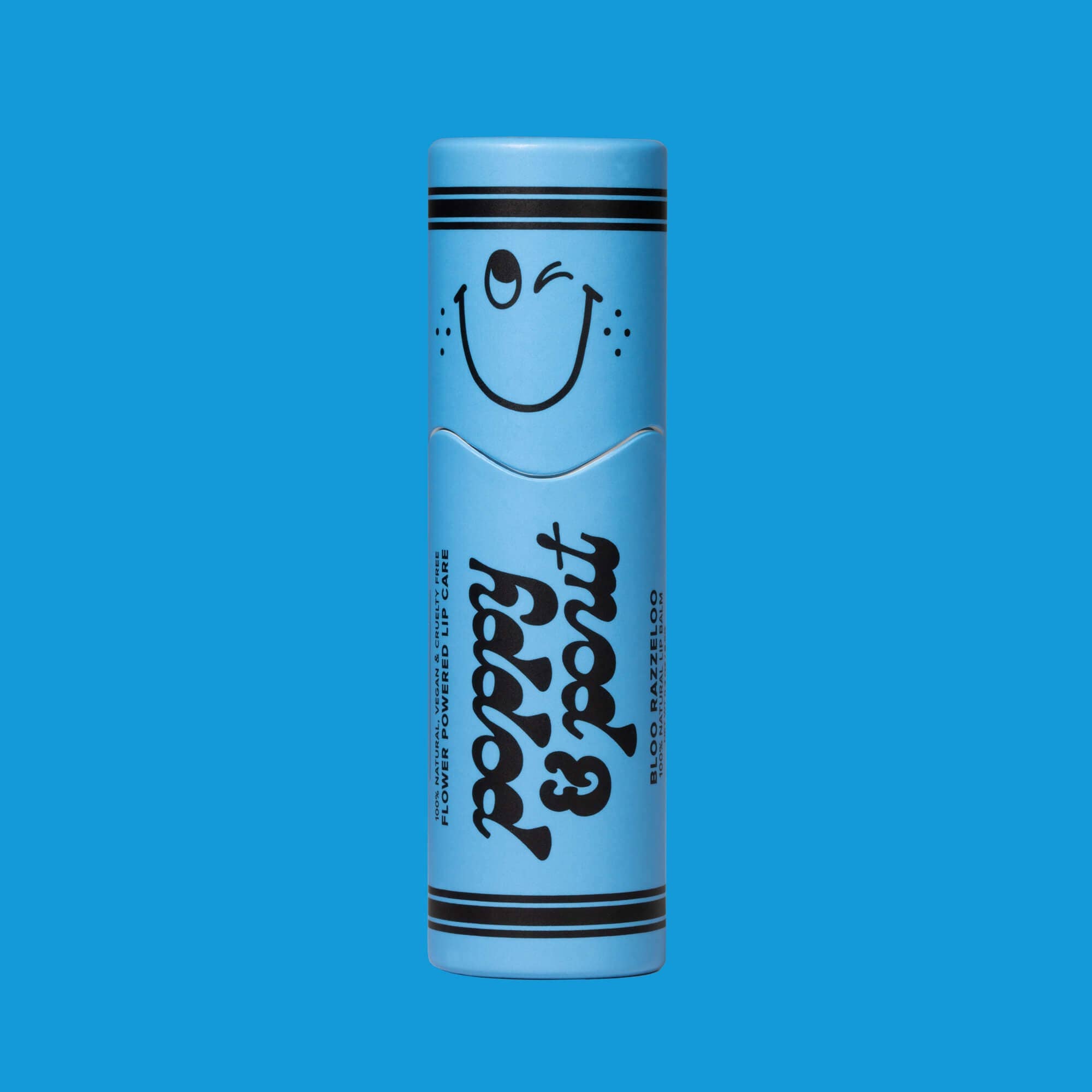 A blue tube with a smiley face, featuring Lil' Poppies Bloo Razzeloo lip balm, a sour blue raspberry flavor. Child-friendly design for natural, vegan lip care.