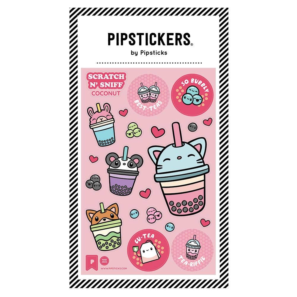 A sticker featuring a cartoon bubble tea, a cat with a cup, and a panda bear enjoying bubble tea. Bubbly Best-Teas Scratch 'n Sniff, a unique gift for sticker enthusiasts.