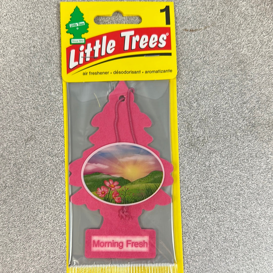 A pink and yellow Little Trees Morning Fresh air freshener in packaging with a green tree and white text.