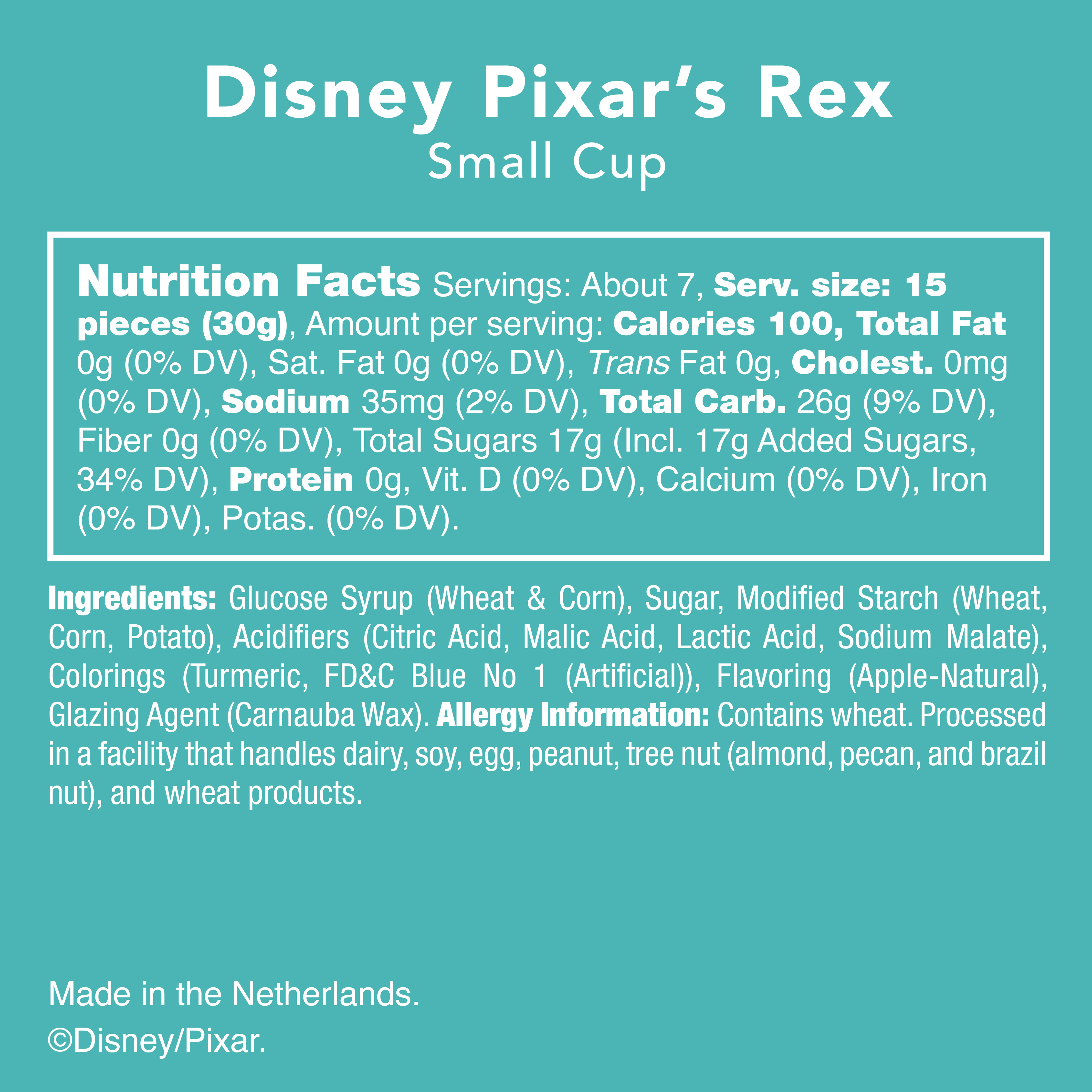 Close-up of DISNEY PIXAR TOY STORY Rex apple-flavored chewy dots in sour sugar packaging featuring Woody and Buzz Lightyear characters.