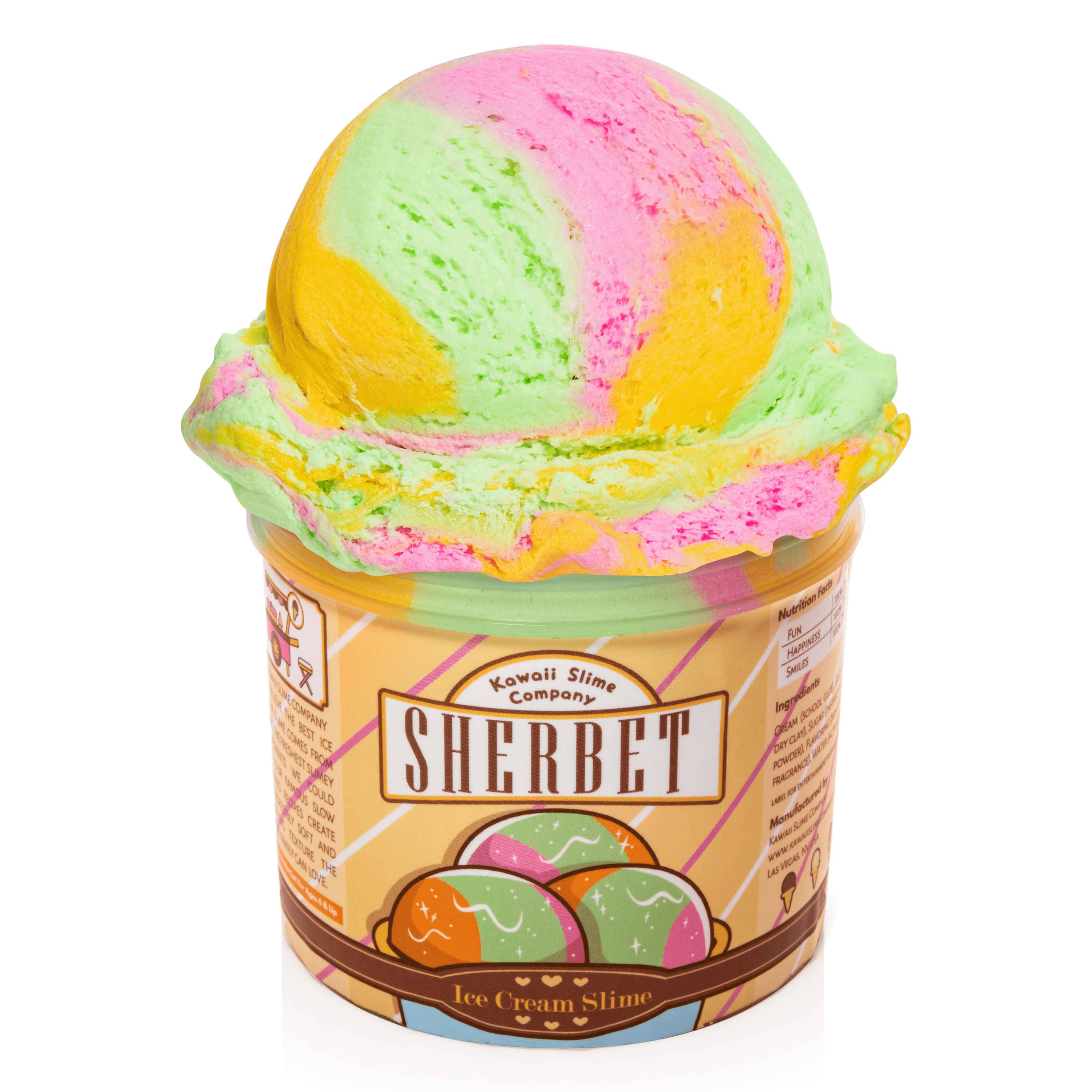 Sherbet scented ice cream pint slime, visually resembling real ice cream, with various flavors and textures. Perfect for sensory play and slime-themed parties.