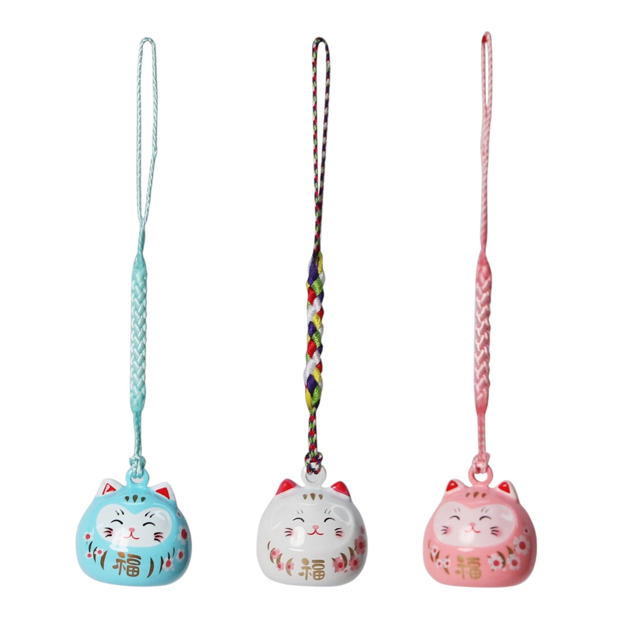 3 Piece Pack 4"L Daruma Cat Netsuke Bell Hanging Charm (1/180)
