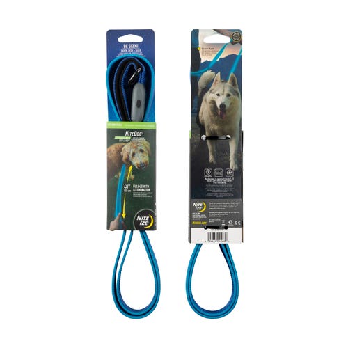 A dog with a leash in a package, featuring NiteDog Rechargeable LED Leash - Blue/Blue LED. Integrated optical fiber and LEDs for full-length illumination, rechargeable with 6.5 hours runtime.