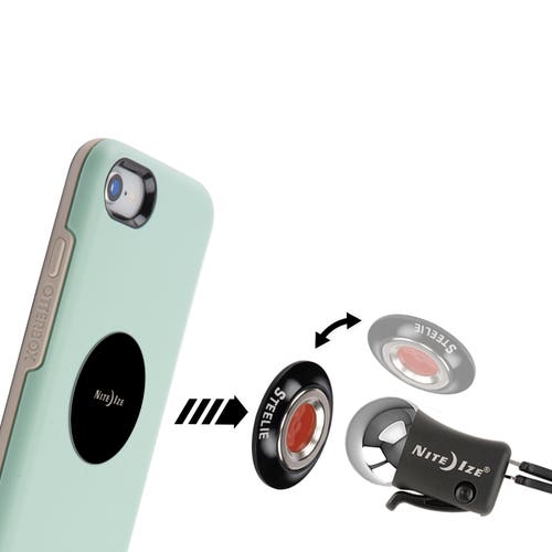 Steelie Orbiter Vent Kit: A phone with a camera attached, close-up of phone, wheel, black device with white logo, and oval object with white text. Magnetic phone mounting kit for secure, accessible phone attachment and rotation.