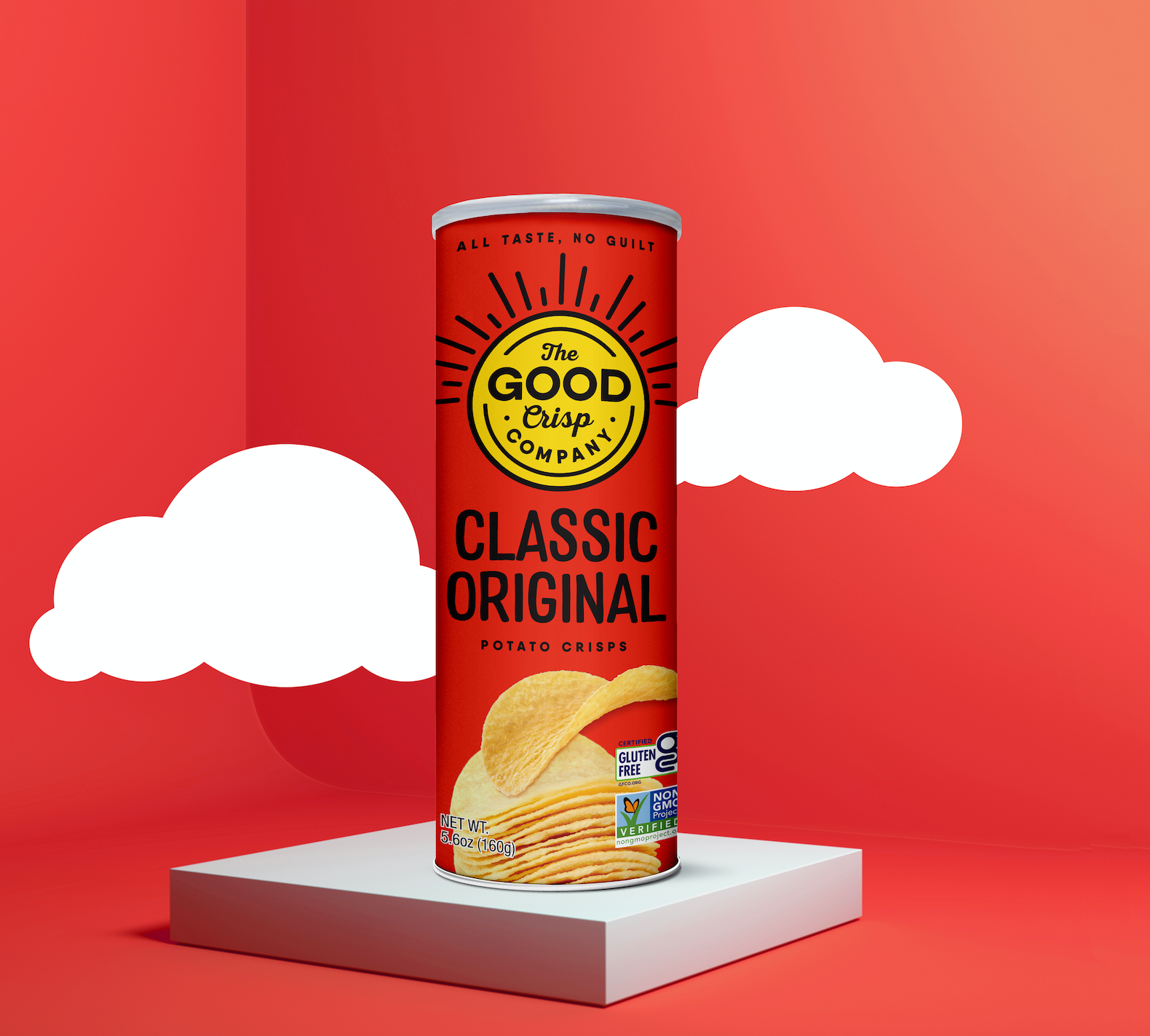 A close-up of Classic Original Chips - 5.6oz can on a white square platform, featuring a red package and logo detail.