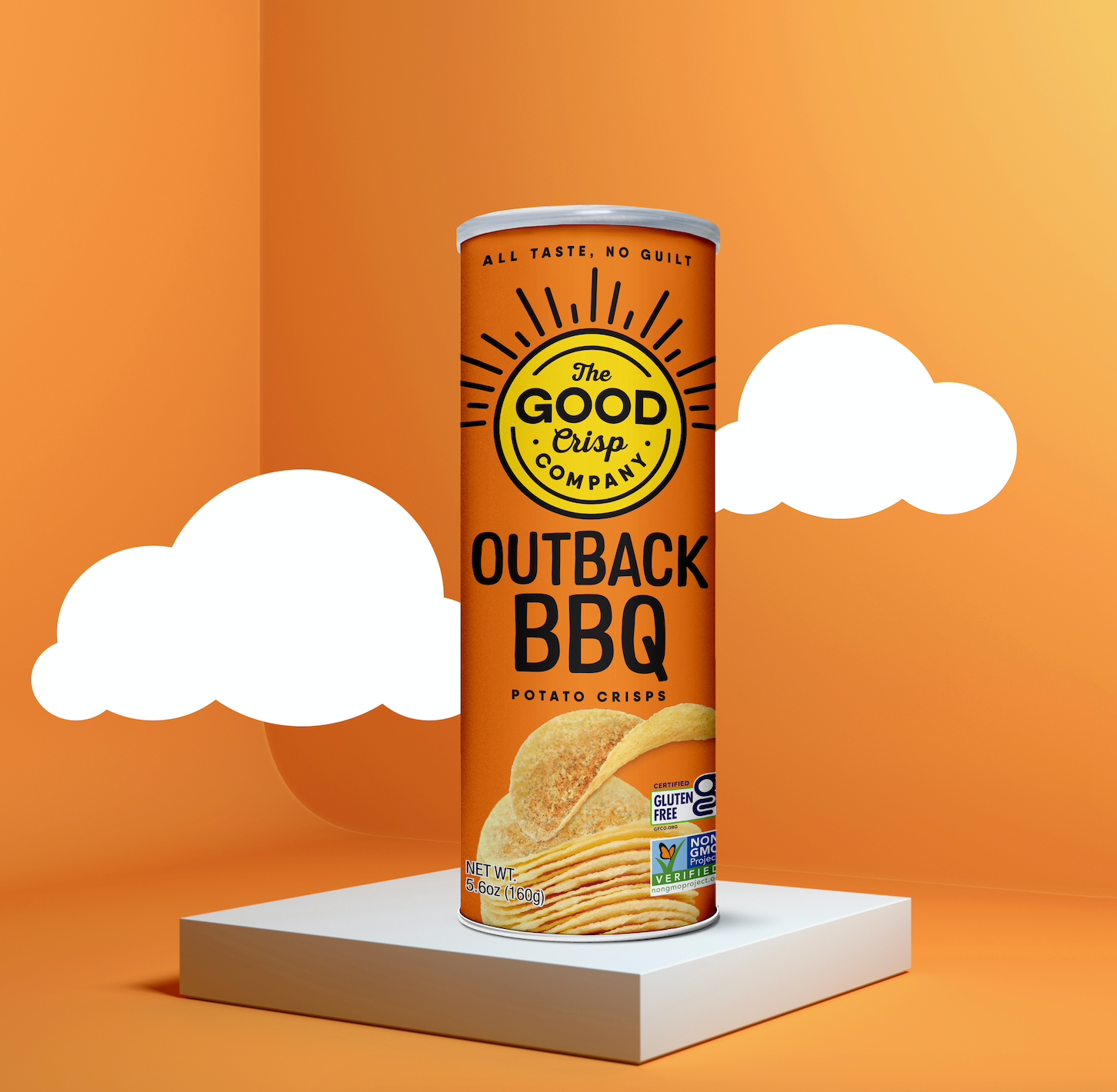 A close-up of Outback BBQ Chips - 5.6oz in a can on a white platform, showcasing snack design elements.
