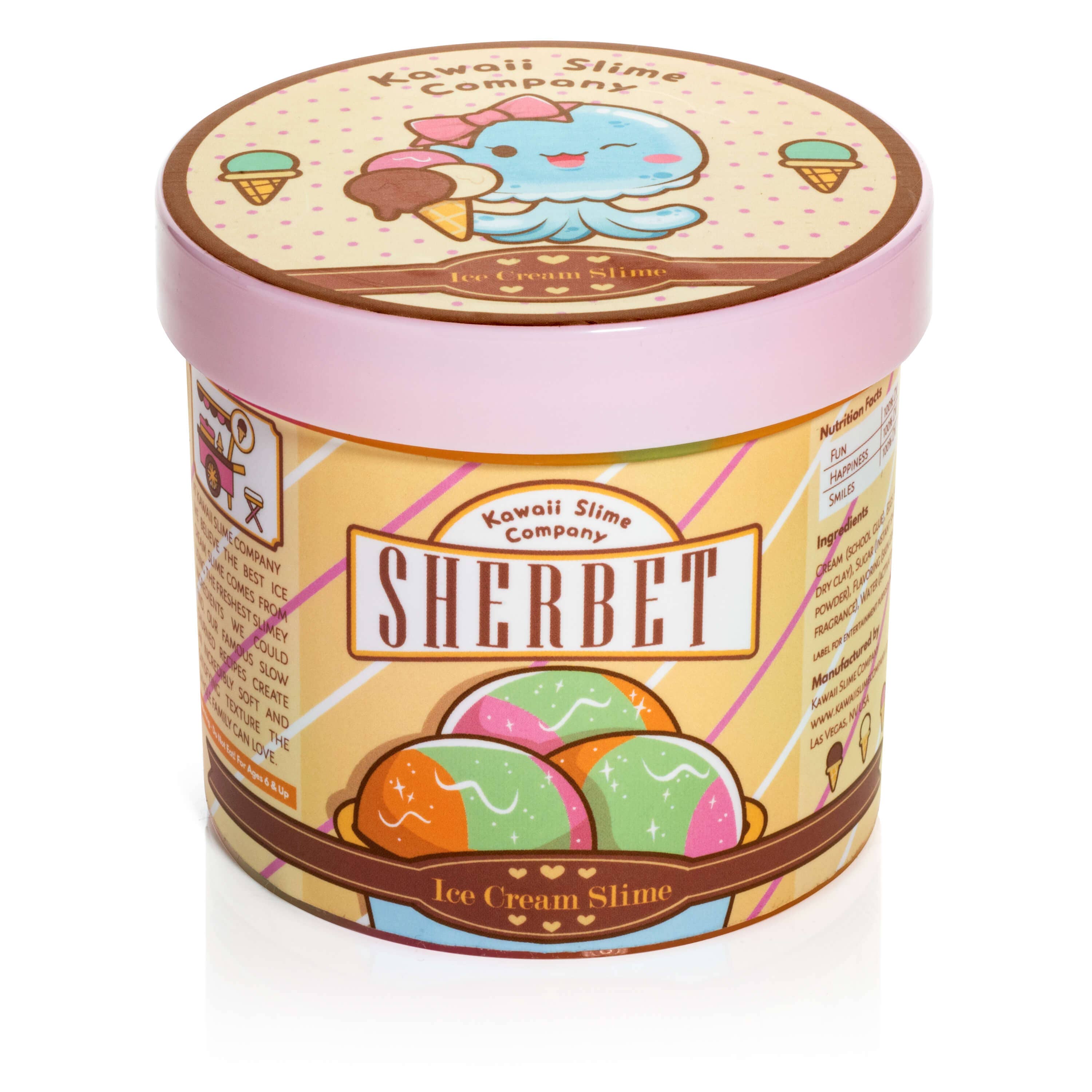 A close-up of Sherbet Scented Ice Cream Pint Slime, featuring a container with a cartoon character on it. Text: Cloud Creme base, realistic scoopable texture. Perfect for slime parties.