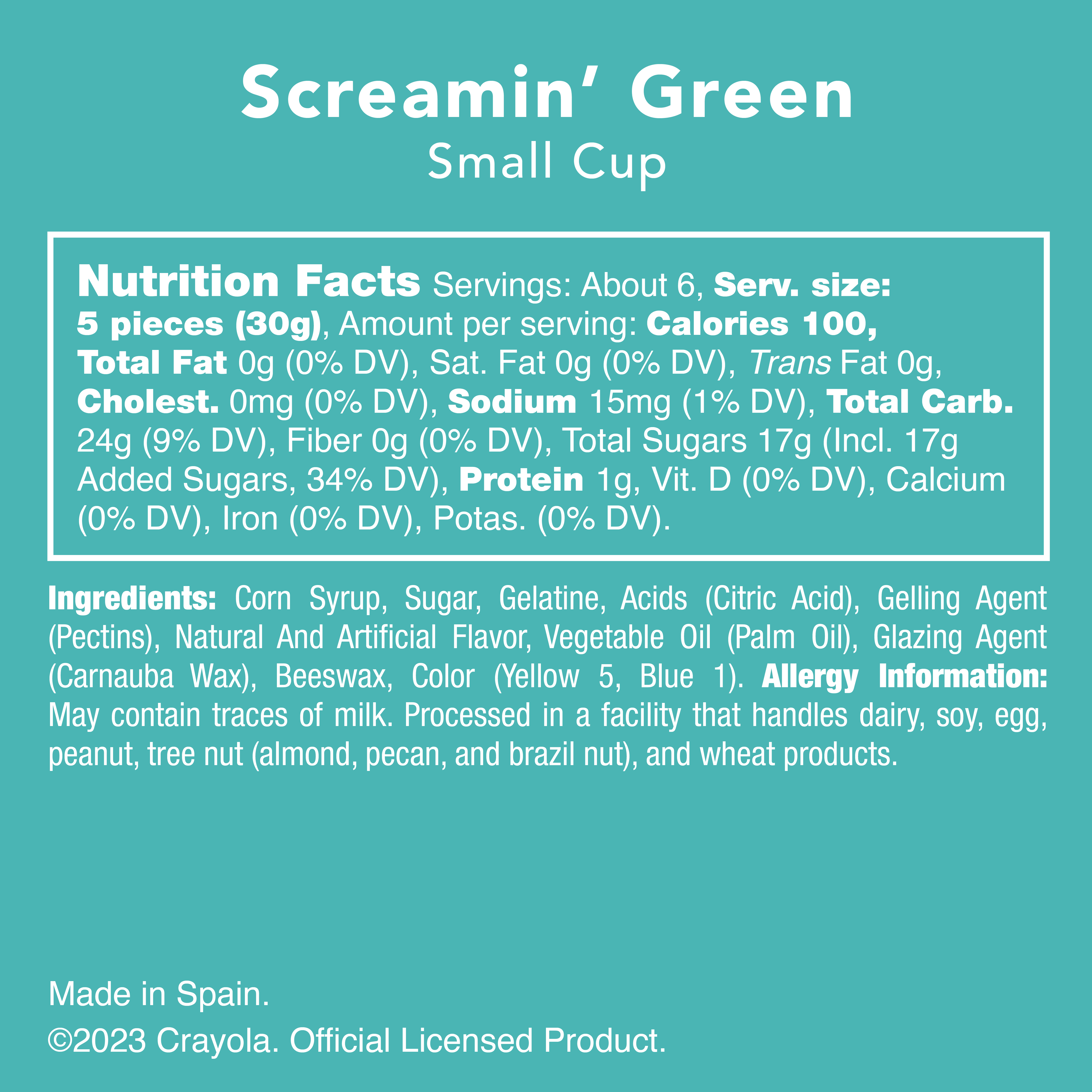 Close-up of a nutrition label featuring Hoppin' gummy green frogs from Candy Club's *Screamin' Green™ CRAYOLA® COLLECTION*. A playful, fruity treat for all occasions.