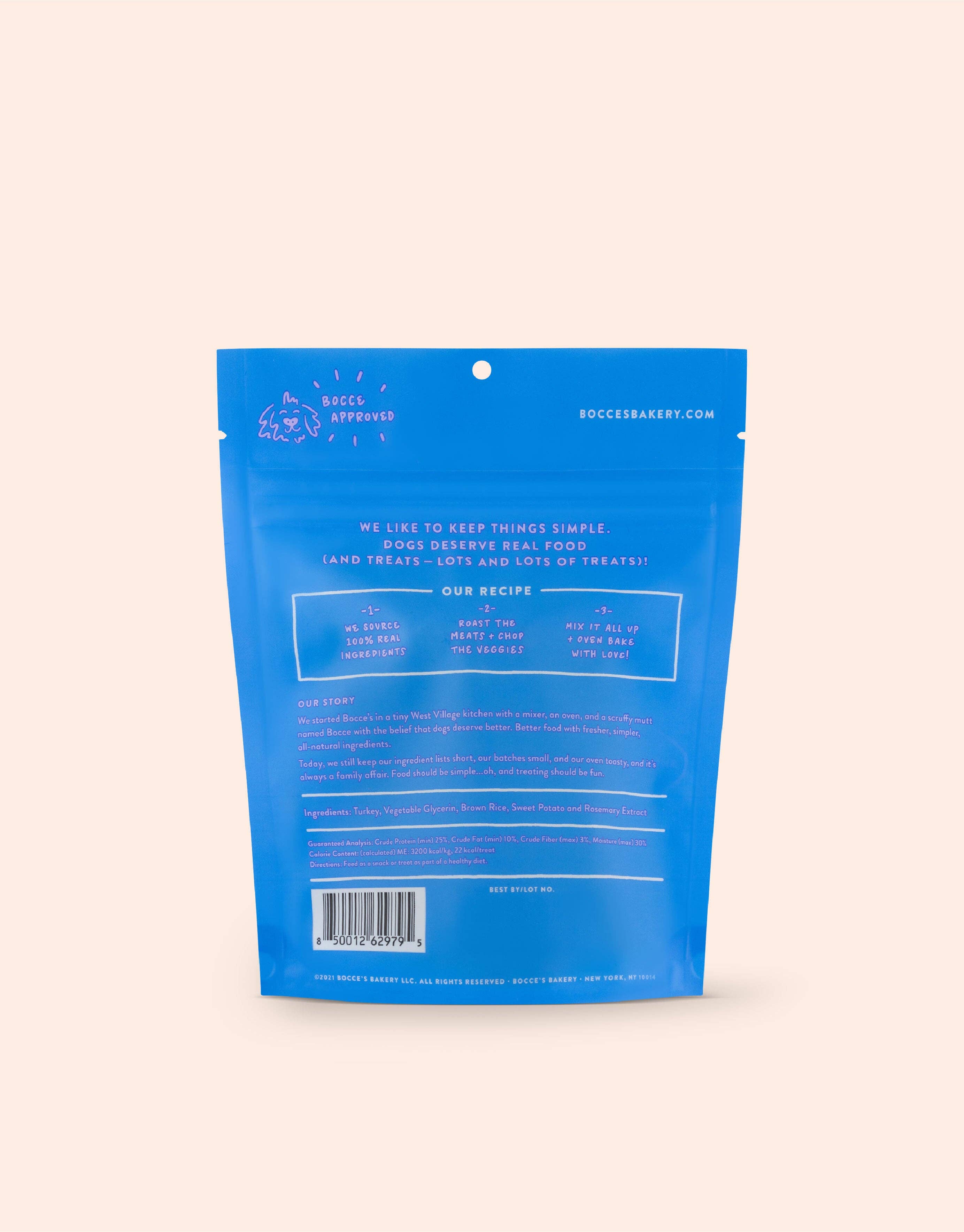 A blue bag with white and purple text displaying Grazers Turkey & Sweet Potato Jerky Sticks. Made with USA turkey, sweet potato, and five natural ingredients. High-protein, no added salt or sugar.