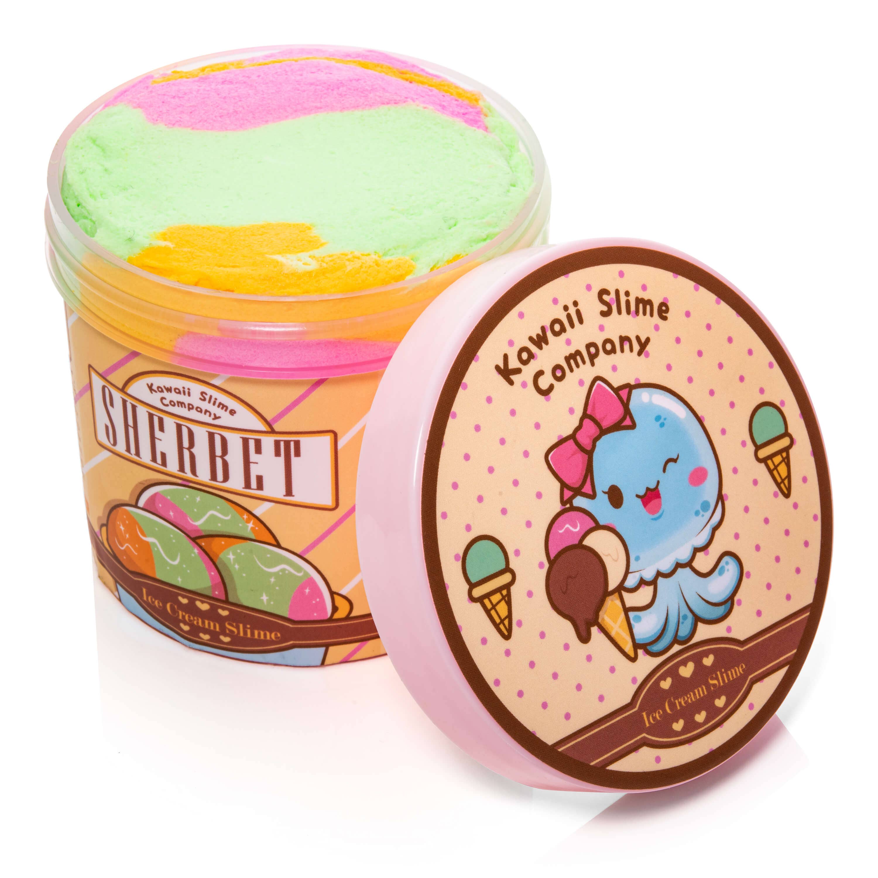 Close-up of a Sherbet Scented Ice Cream Pint Slime container with a cartoon jellyfish character and bow, capturing the essence of realistic ice cream scents and textures.