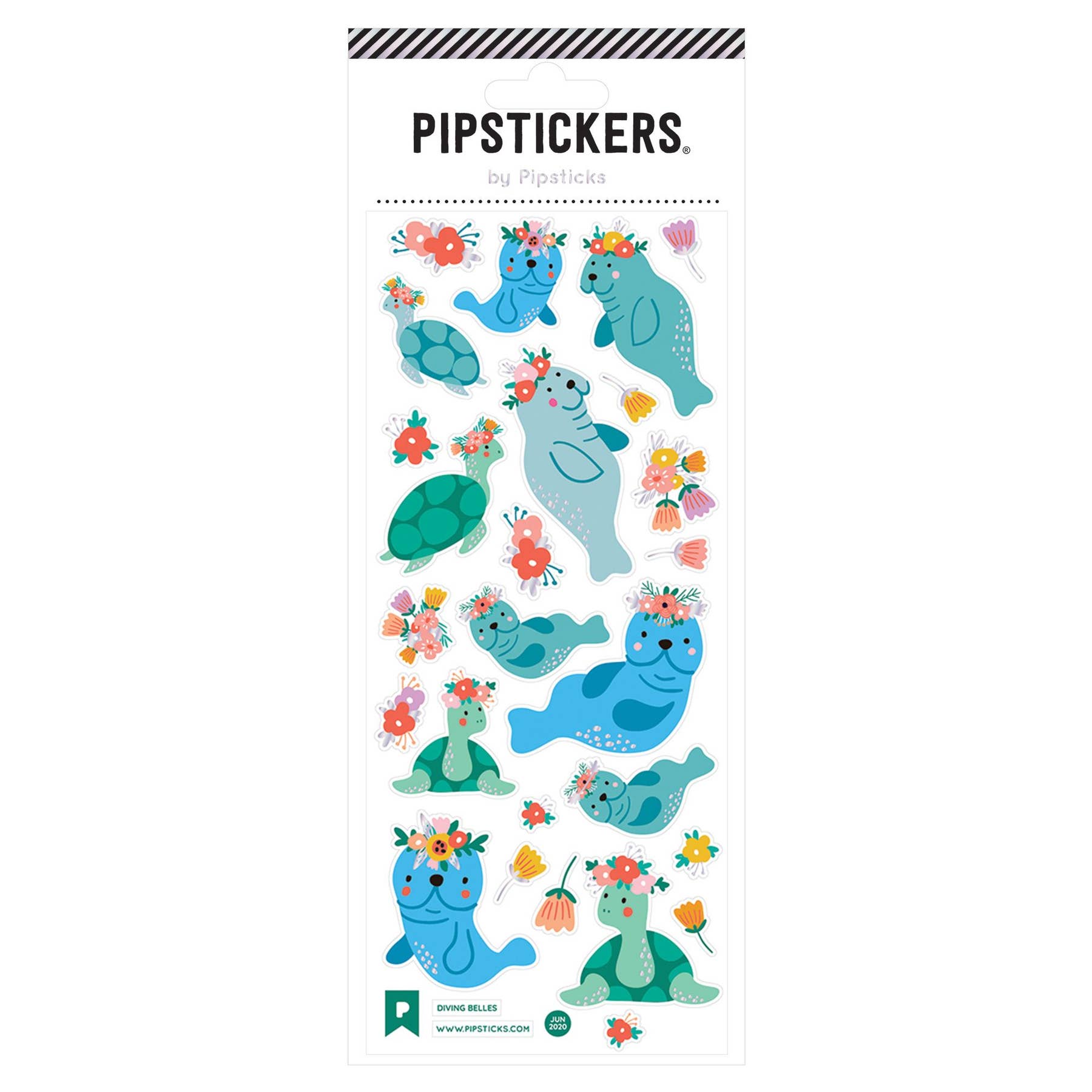 A sticker sheet featuring whimsical sea creatures like a blue seal, whale, and turtle adorned with colorful flowers. Unique PVC designs with holographic silver foil accents on a clear backing.