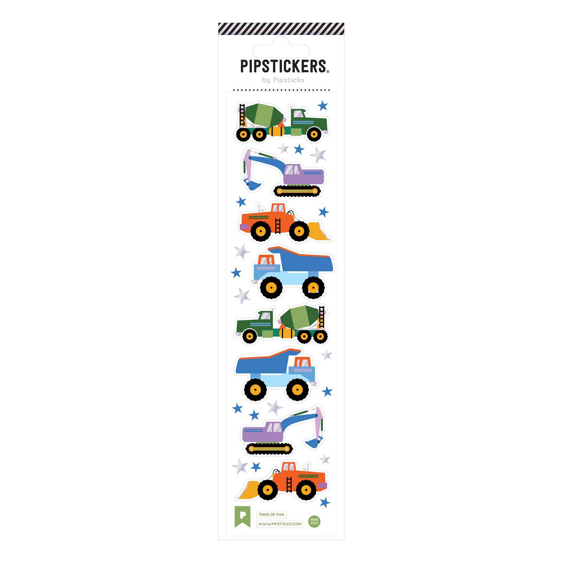 A sticker sheet featuring a variety of toy trucks, including a blue and orange dump truck and a green cube. Unique PVC designs with holographic rose gold foil accents.