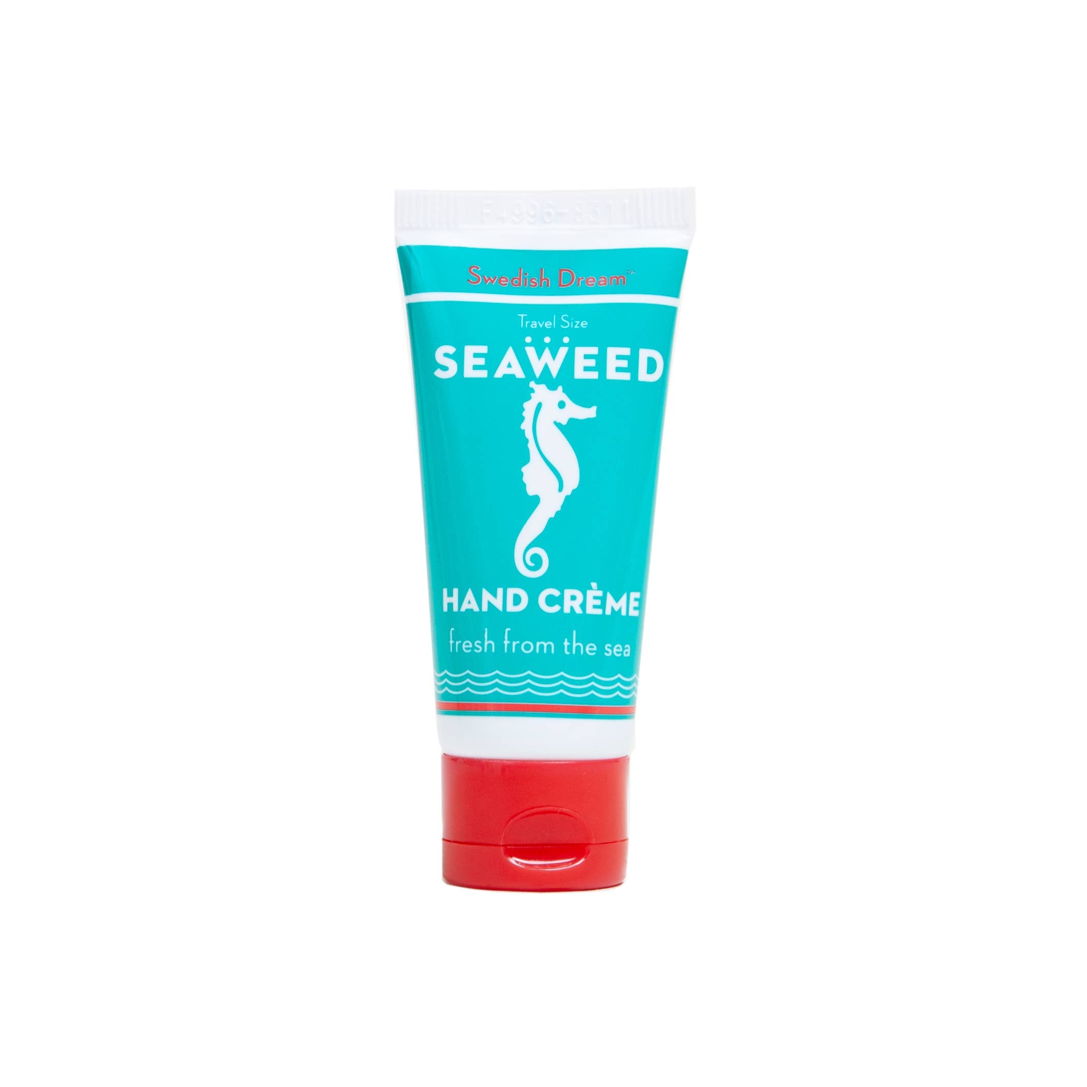 A travel-sized seaweed hand cream tube, perfect for refills. Features a blue and white design with a logo. Toiletry and skin care product.