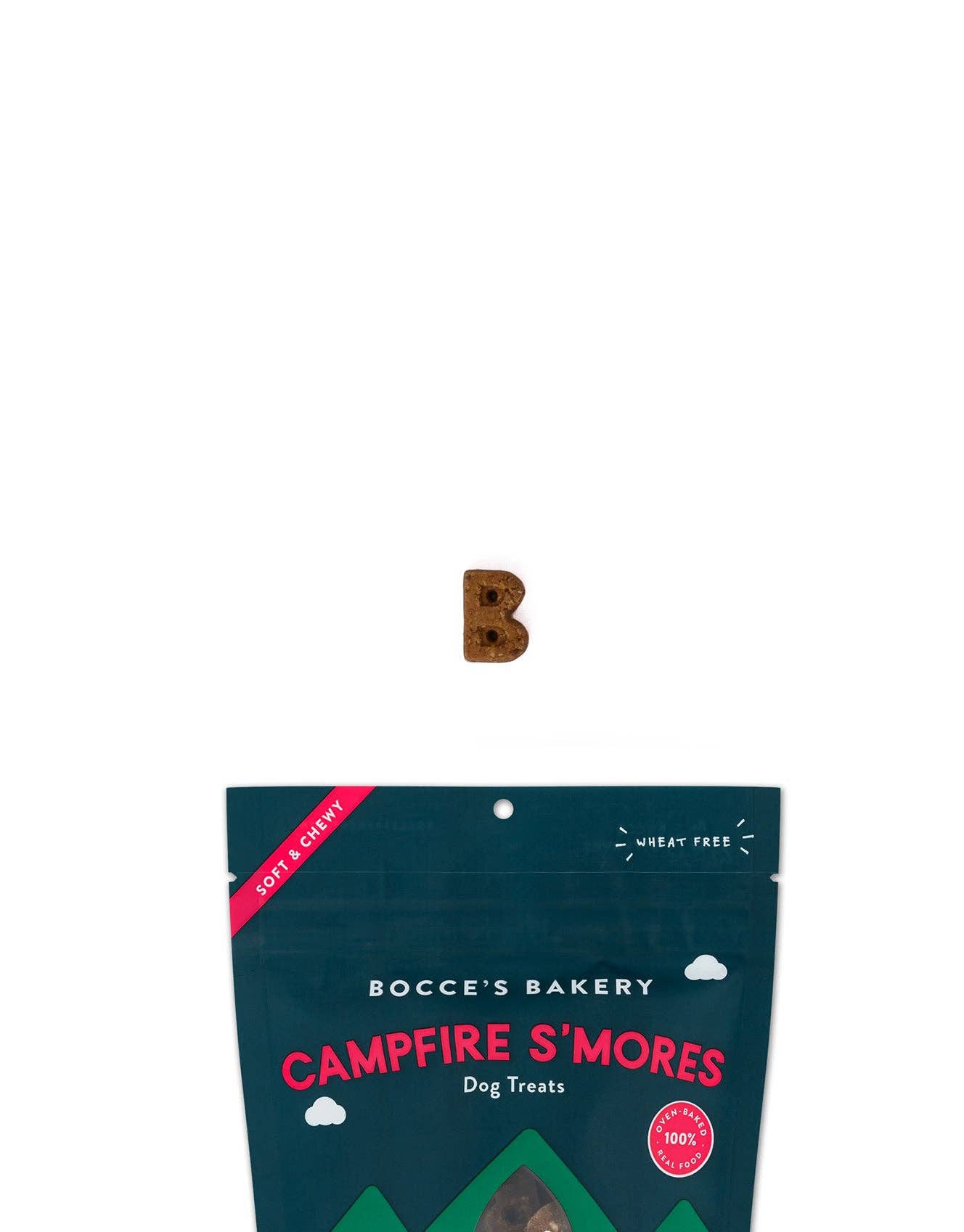 Soft-baked Campfire S'mores dog treats in a blue and pink package. Made with peanut butter, carob, and vanilla. Wheat-free, 6 oz. bag.