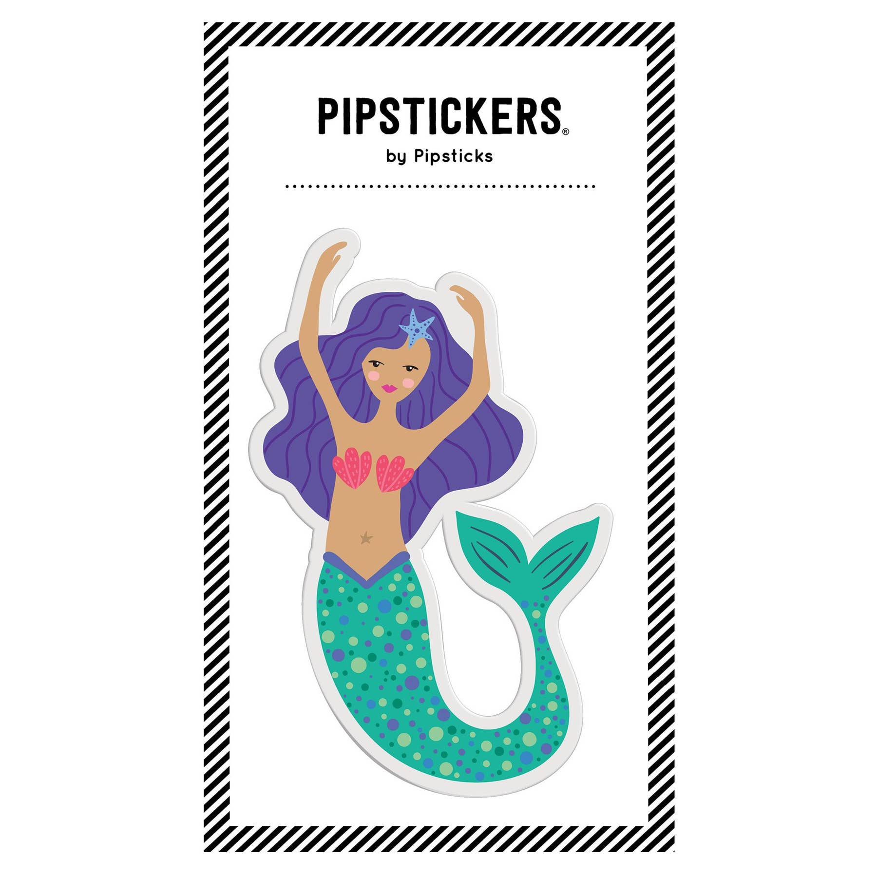 A cartoon mermaid sticker with purple hair and starfish, part of the PipSticker Puffies collection. Measures 4'' x 6'' and 5mm thick. Ideal for laptops, notebooks, planners, and gifts.