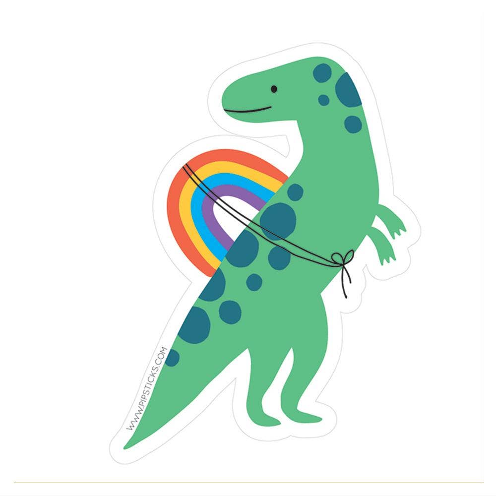 A cartoon dinosaur riding a rainbow sticker, part of the exclusive Rainbow Rider Vinyl collection, perfect for sticker enthusiasts.