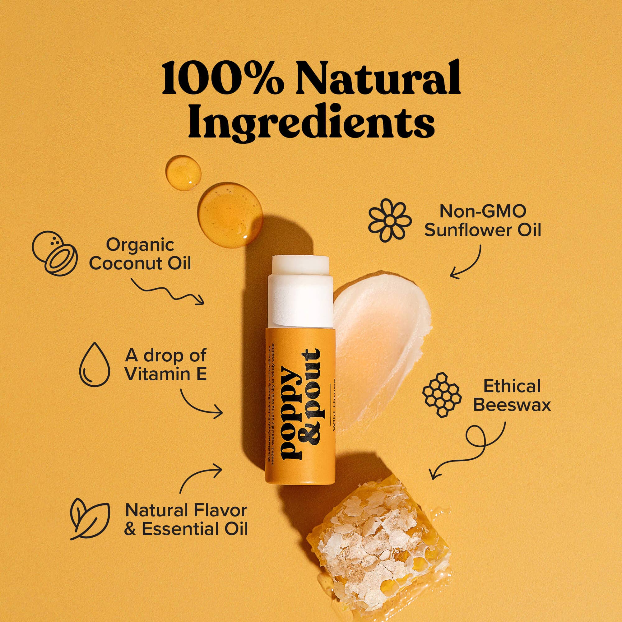 A close-up of Wild Honey Lip Balm in a small yellow container with a label, showcasing natural ingredients and eco-friendly packaging by Poppy & Pout.