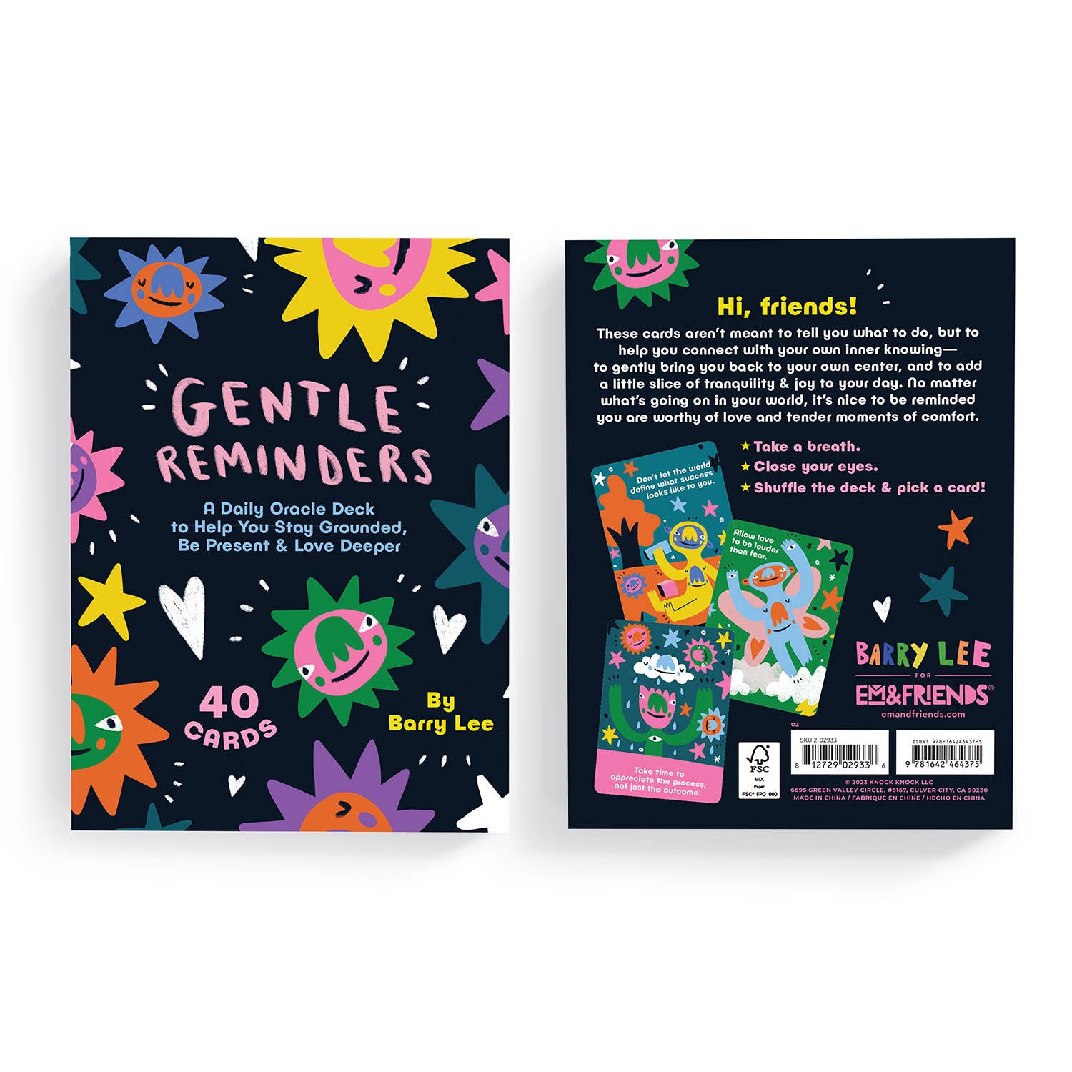 Front and back of Gentle Reminders Deck by Barry Lee oracle cards in a portfolio-style box with 40 cards featuring rounded corners.