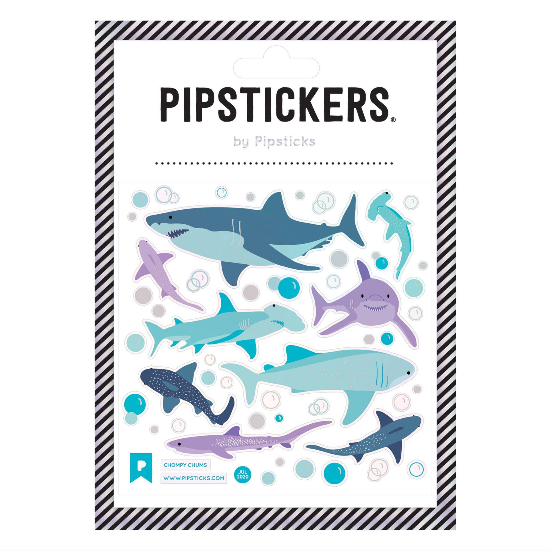 A sheet of PipStickers featuring Chompy Chums, including sharks and fish designs with holographic silver foil accents on clear backing. Dimensions: 4 x 4.