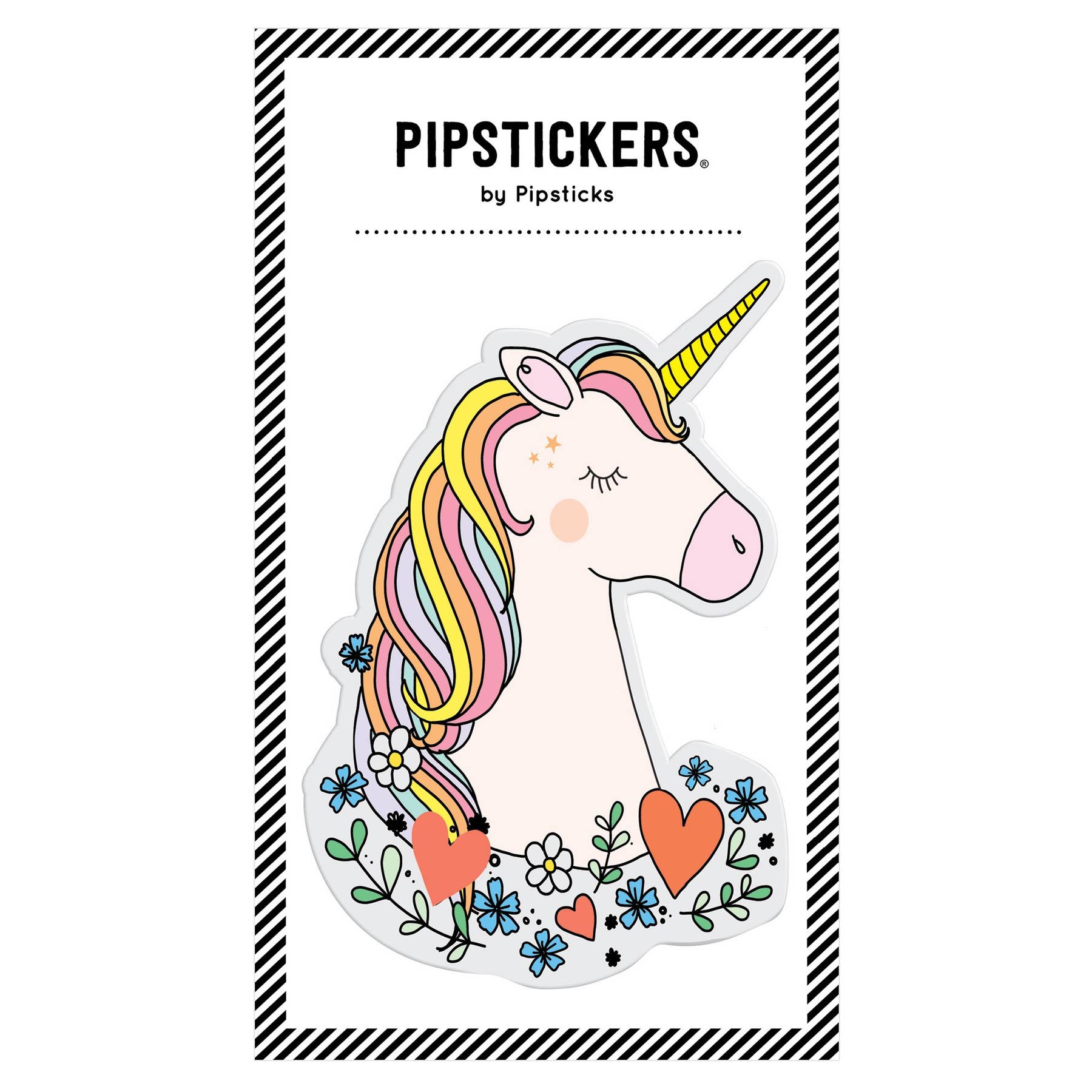 A whimsical Big Puffy Unicorn sticker featuring a cartoon unicorn with rainbow hair and flowers. Perfect for decorating laptops, notebooks, and gifts. Measures 4'' x 6'' and 5mm thick.