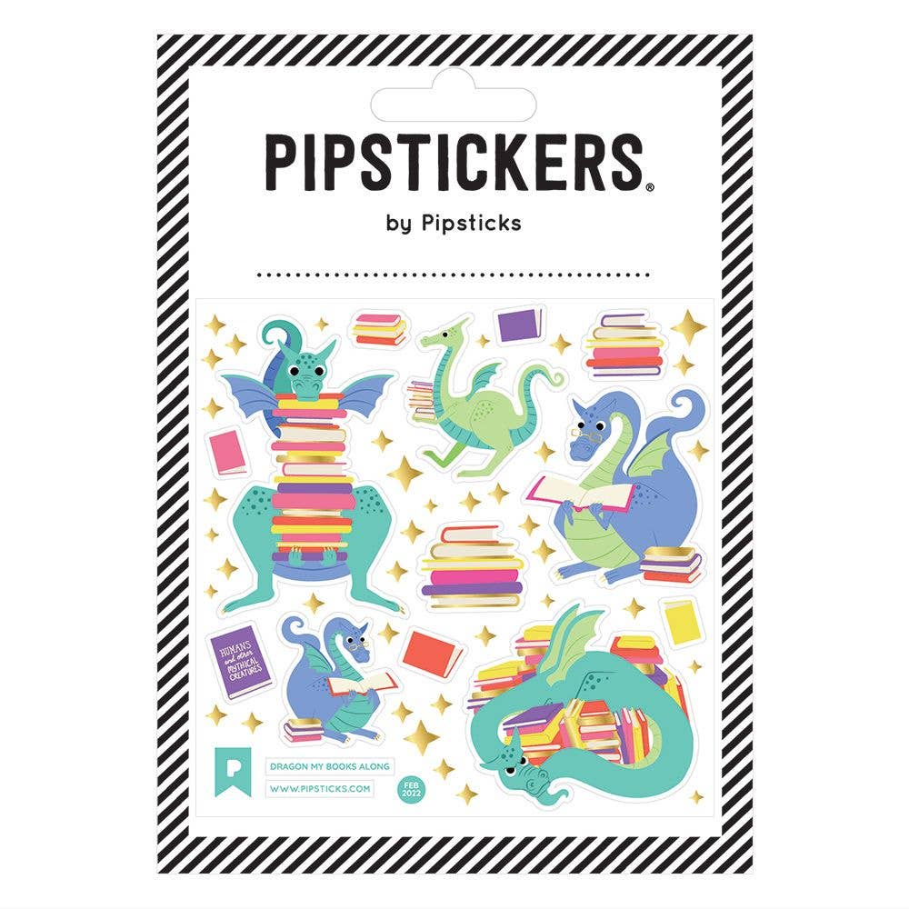 A sticker pack featuring whimsical dragons and books, including a cartoon dragon reading, carrying books, and more. Unique PVC designs with holographic silver foil accents on a clear backing.