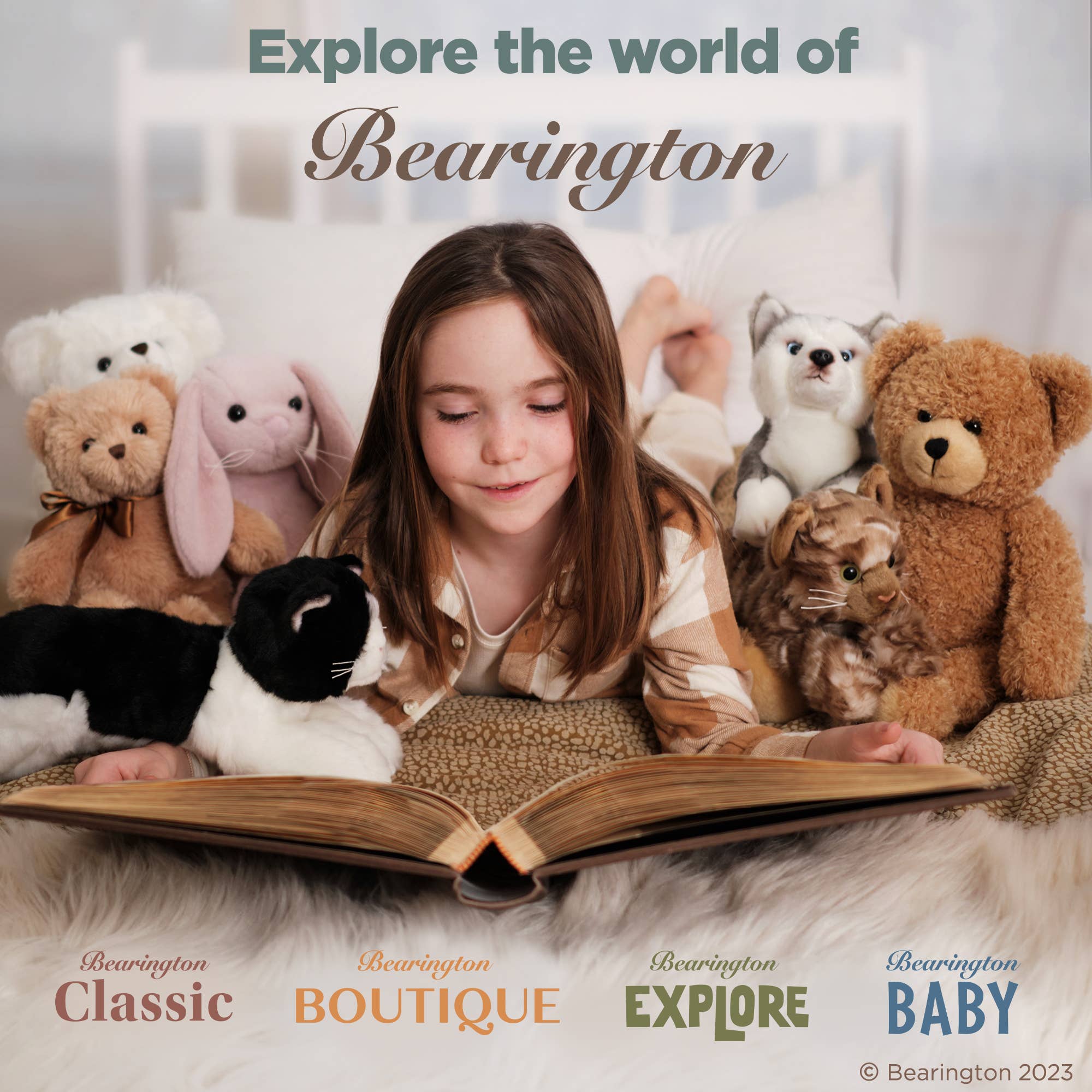 A girl lies on a bed surrounded by stuffed animals, including Bernie the Mountain Dog plush toy. Bernie, a 13-inch cuddly companion, brings joy and smiles to playtime.