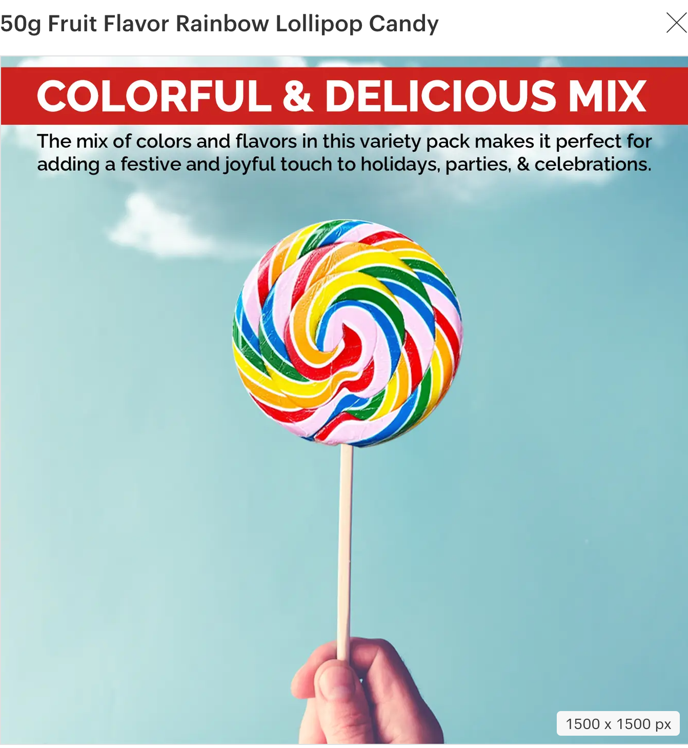 A hand holding a colorful Fruit Flavor Rainbow Lollipop Candy 50g on a stick, perfect for festive occasions like Christmas, Halloween, and Easter. Great for gifting, fluffy, and delicious.