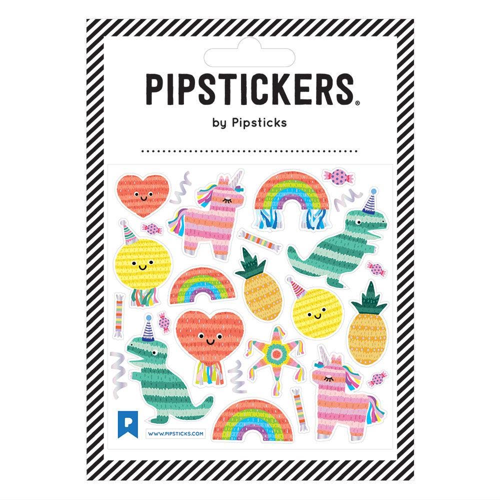 Piñata Party sticker pack featuring holographic silver foil accents. Includes dinosaur and heart-shaped stickers on a clear backing. Ideal for sticker lovers.