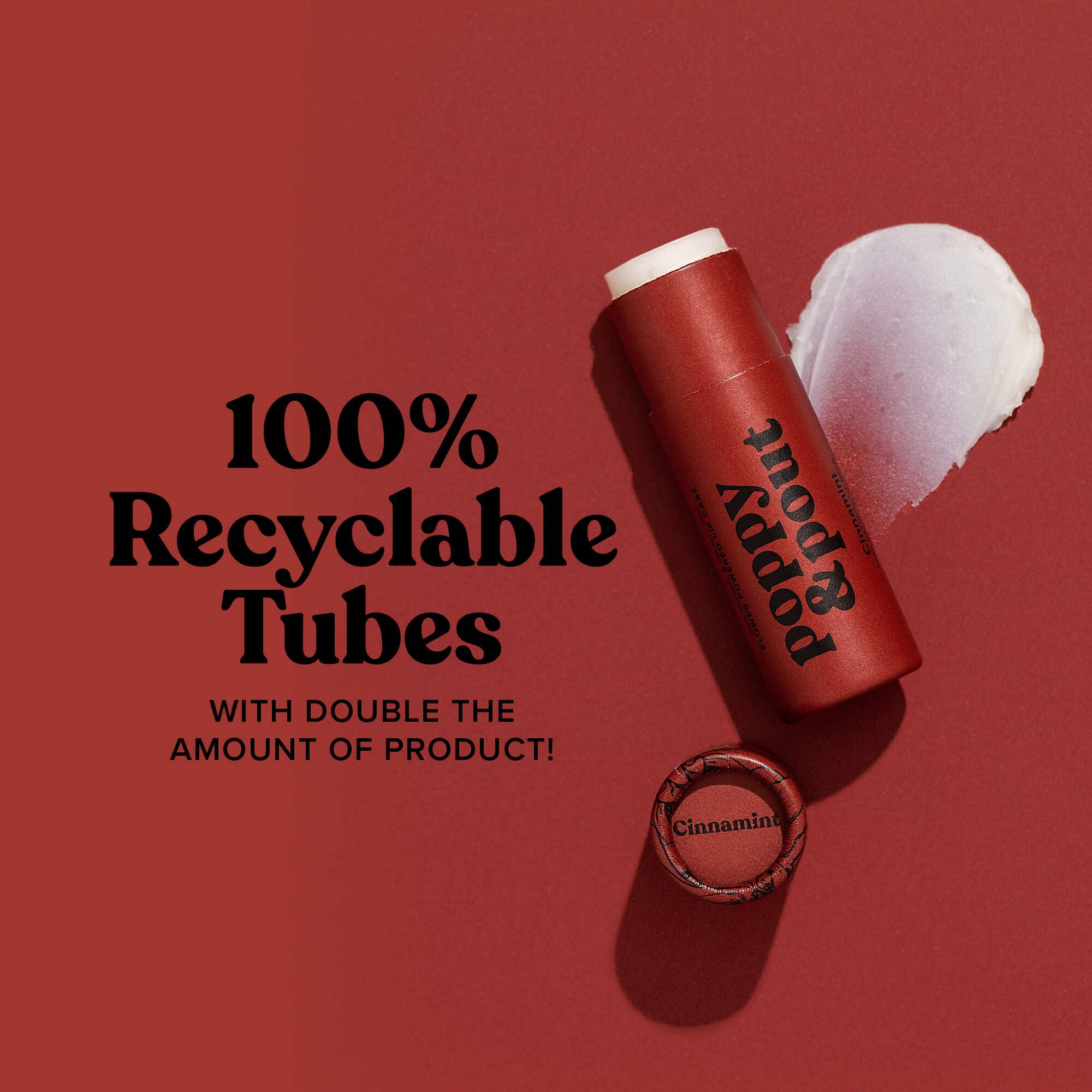 Cinnamint Lip Balm in red tube with black text, lid, and cap. Handmade with 100% natural ingredients, cruelty-free, double the standard size. Made by Poppy & Pout in Idaho.