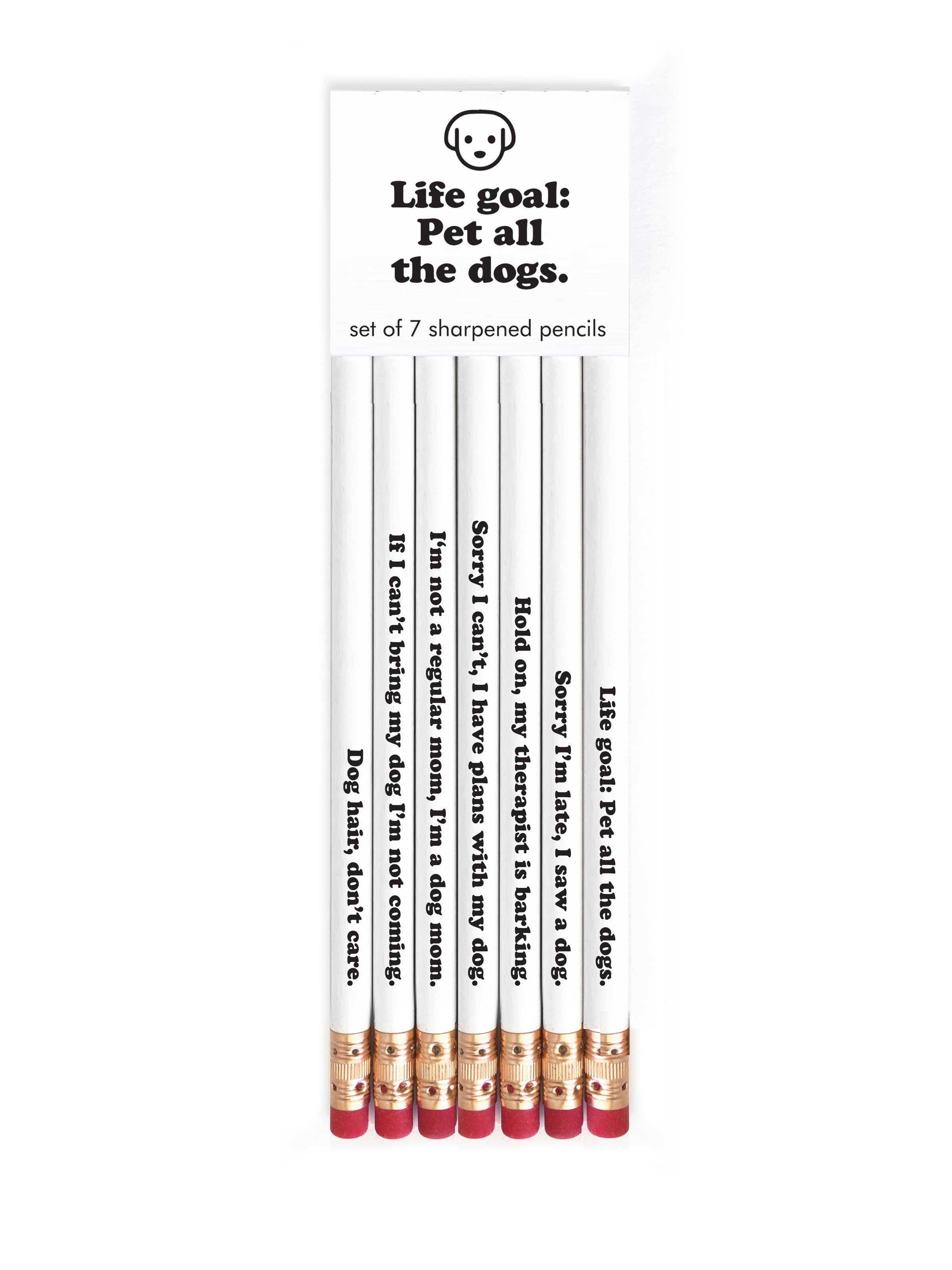 A set of white pencils with black text, including Alexa, bring me more cats, part of a 48-pencil display featuring various quotes.