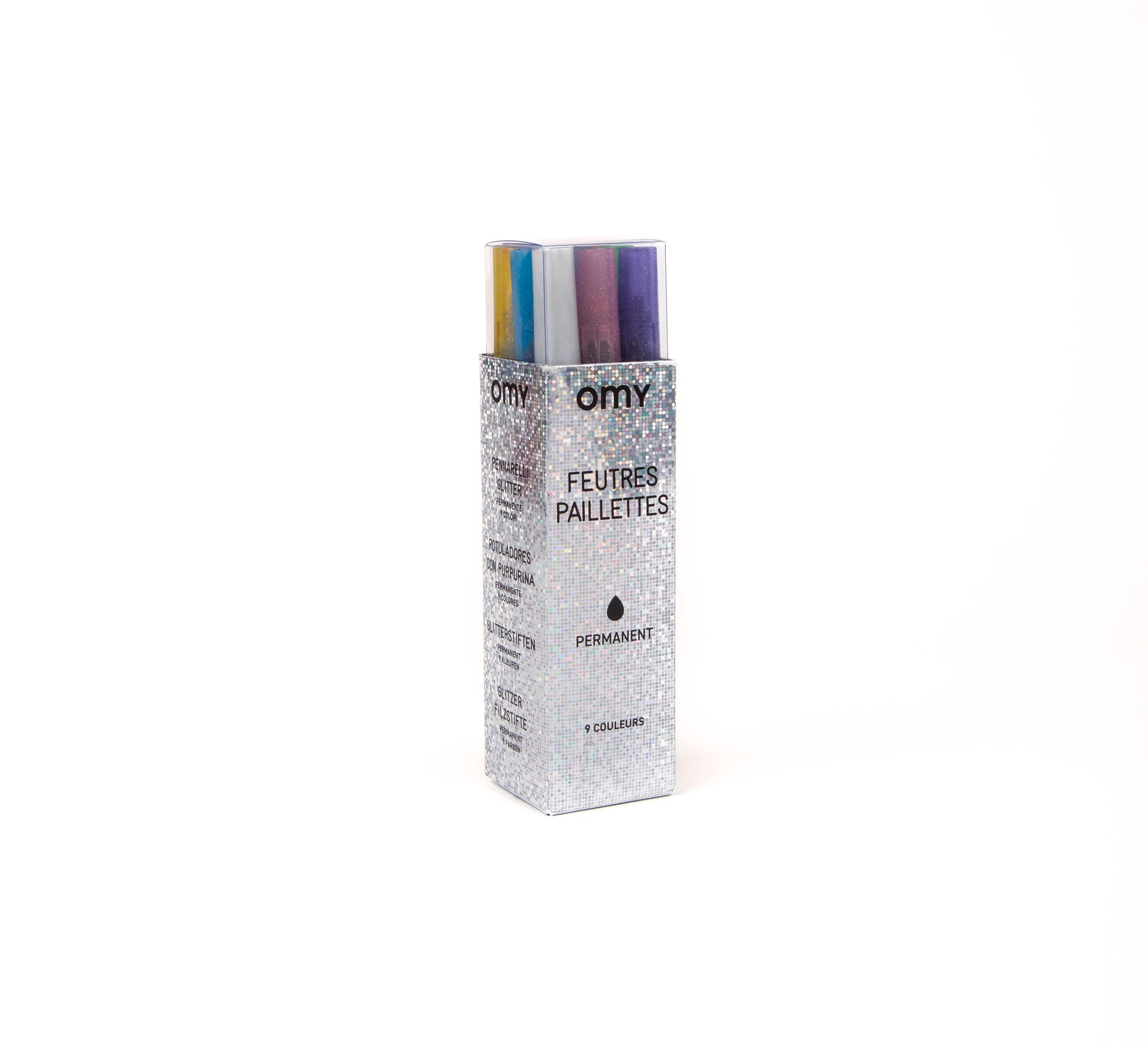 A box of glitter markers featuring shimmery colors for vibrant drawings. Includes 9 waterproof and sunroof glitter markers in blue, violet, yellow, silver, green, pink, and more.