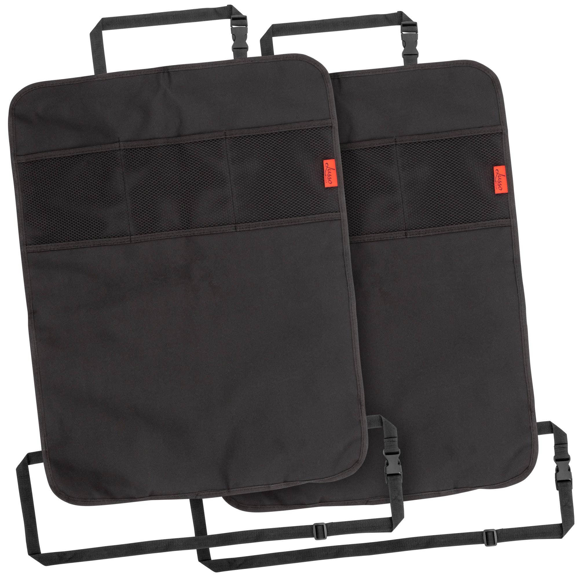 Black kick mat car seat protector with 3 pockets, measuring 19 x 25 inches. Waterproof and machine washable. Ideal for jeeps, trucks, vans, and SUVs. Prioritize Kick Mats (3 pockets) in the alt text.