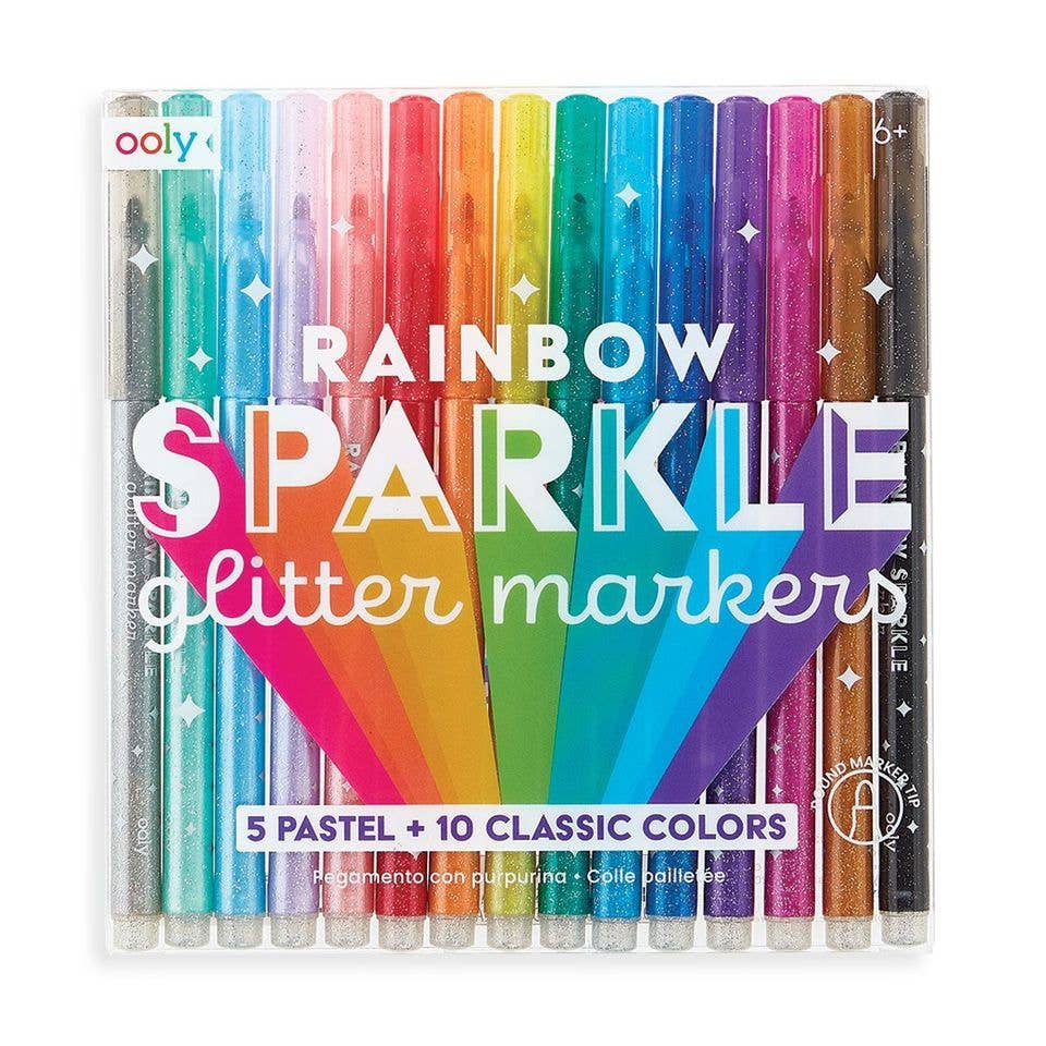 A box of Rainbow Sparkle Glitter Markers: 10 classic and 5 pastel colors with glitter. Colorful package with text, logo in purple and white. Close-up of logo.