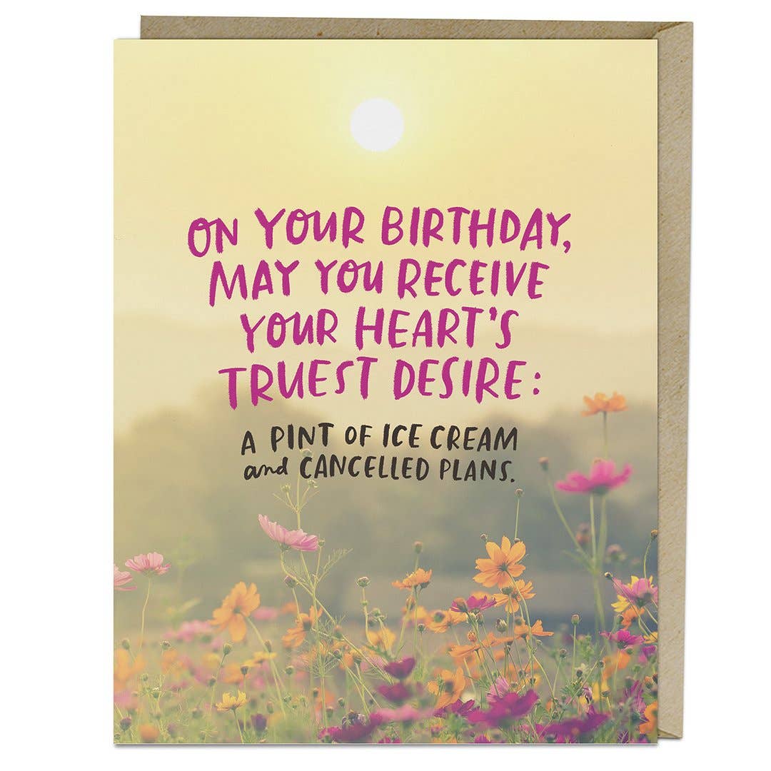 Em & Friends - Heart's Desire Birthday Card featuring flowers and text on a card. Blank inside, A2 size, printed in the USA on matte stock, with a matching kraft envelope.