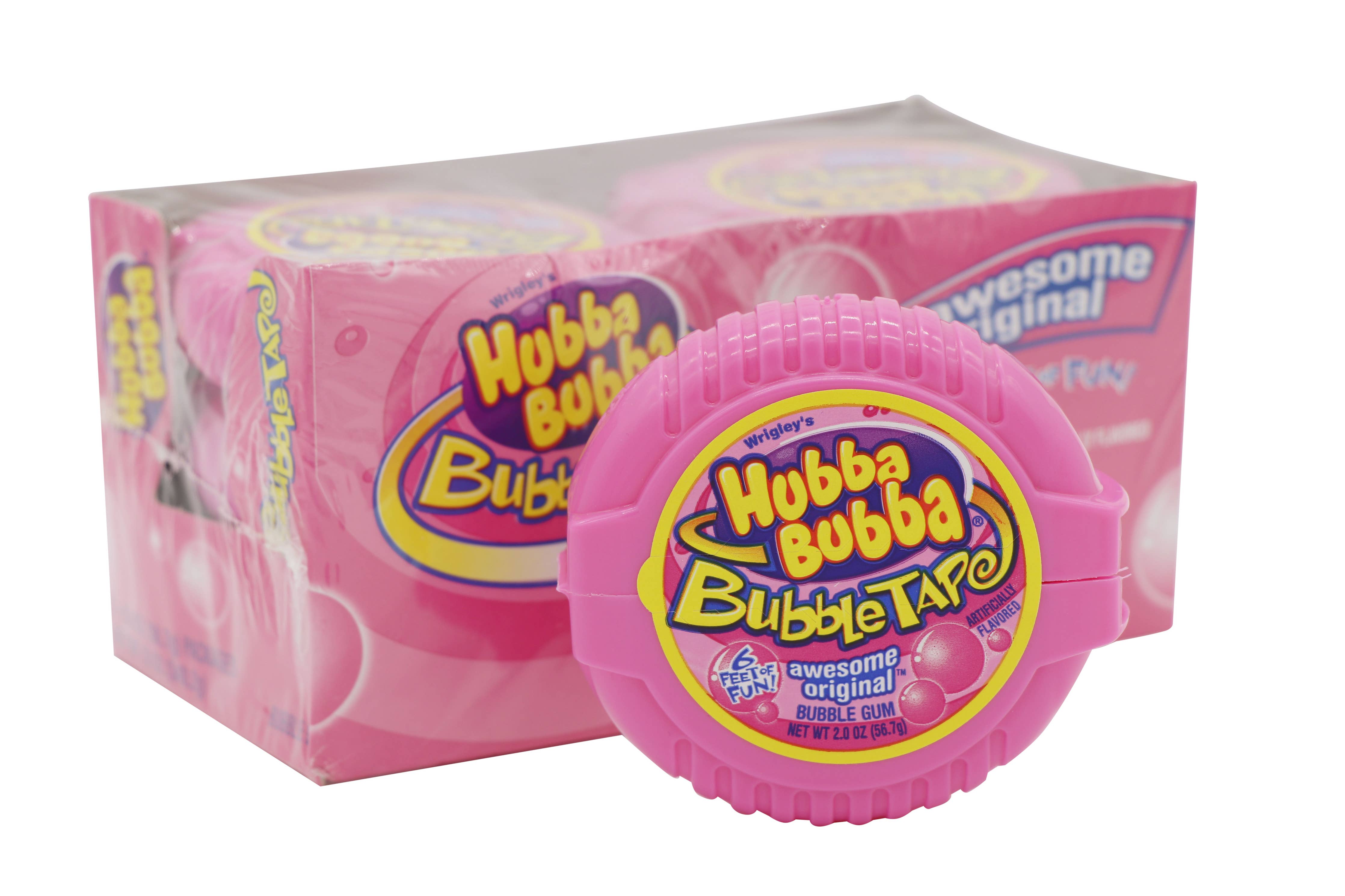 Close-up of Hubba Bubba Original Bubble Tape container with resealable packaging, holding 6 feet of classic bubble gum. Perfect for sharing or personal enjoyment. Ideal for candy shops.