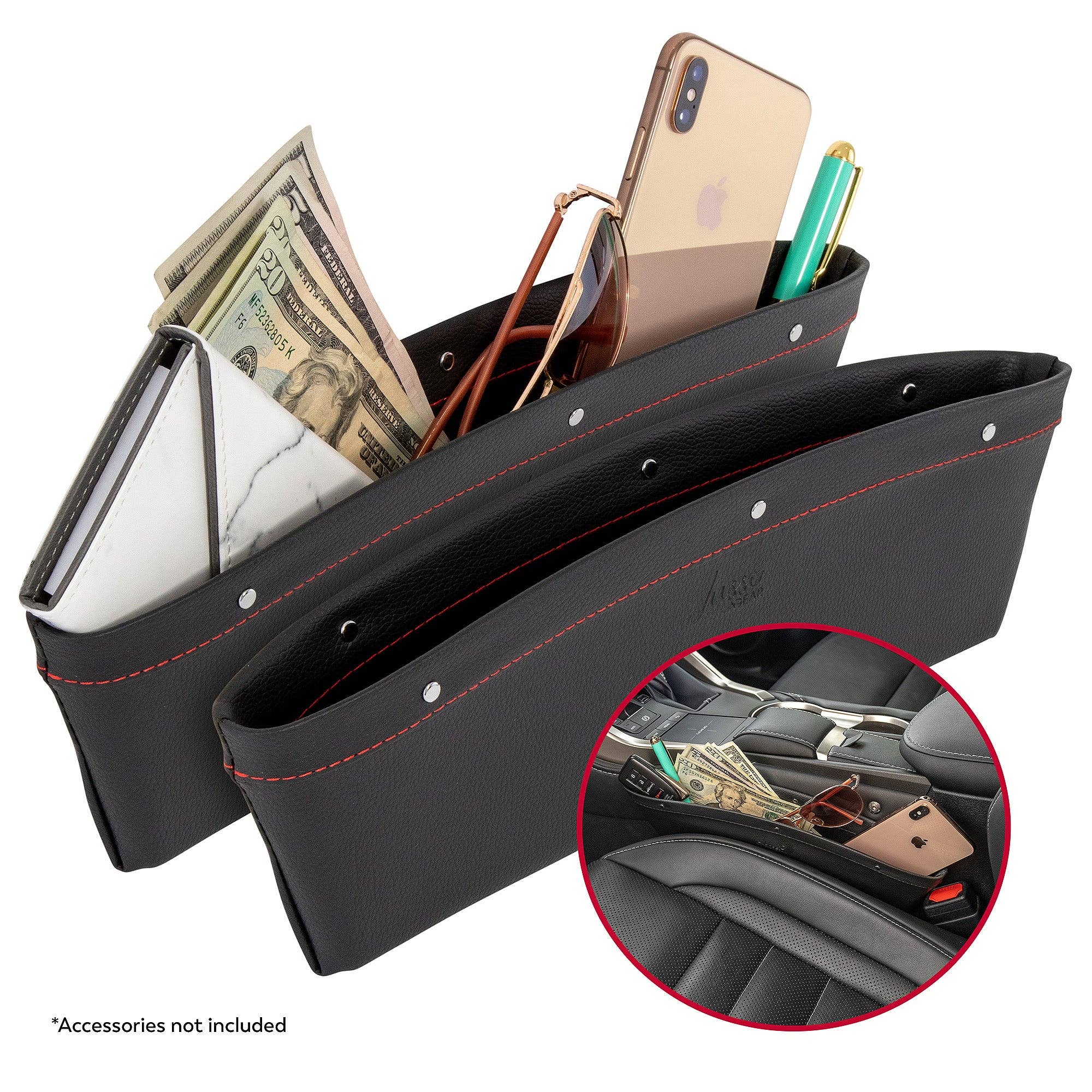 A black car seat gap organizer with slots for phone, money, and sunglasses, keeping essentials secure and preventing distractions while driving.