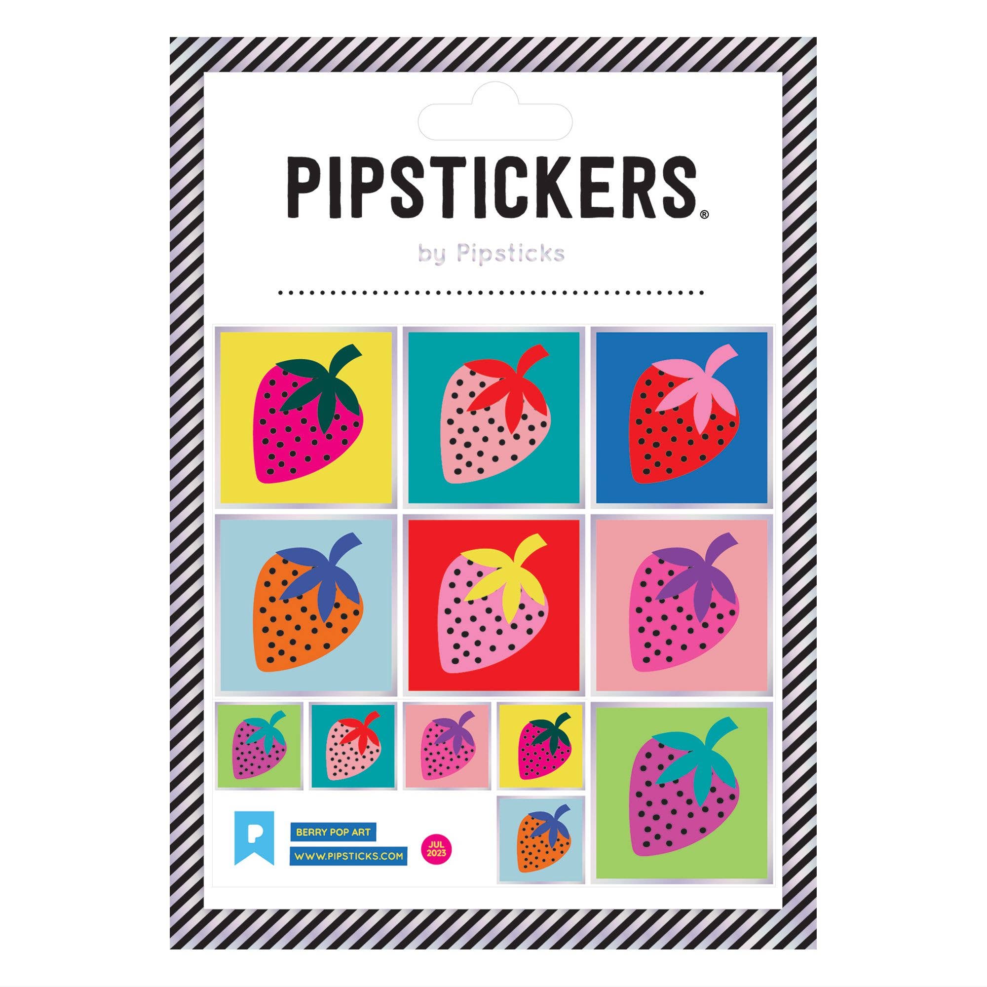 A close-up of Berry Pop Art PipStickers featuring holographic silver foil accents on clear backing. Includes one 4 x 4 sheet with the Pipsticks manifesto.