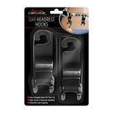 A pair of Luxury Driver Car Headrest Hooks in black plastic packaging, featuring sleek design for convenient storage in vehicles.