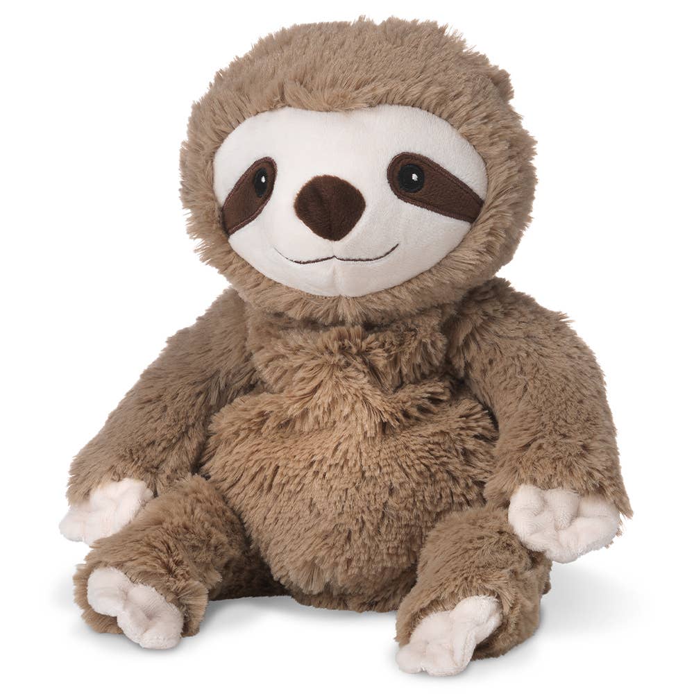 A 13 Warmies® Plush sloth toy, featuring a close-up of a furry animal with a brown circle, ideal for gentle relief with French lavender scent.