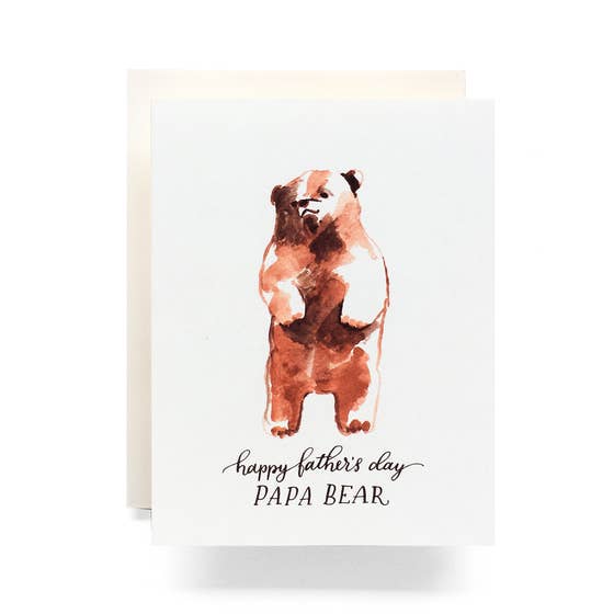 Watercolor Papa Bear Fathers Day Greeting Card featuring a bear illustration on a folded A2 card with a blank interior and a cream envelope. Made in USA.