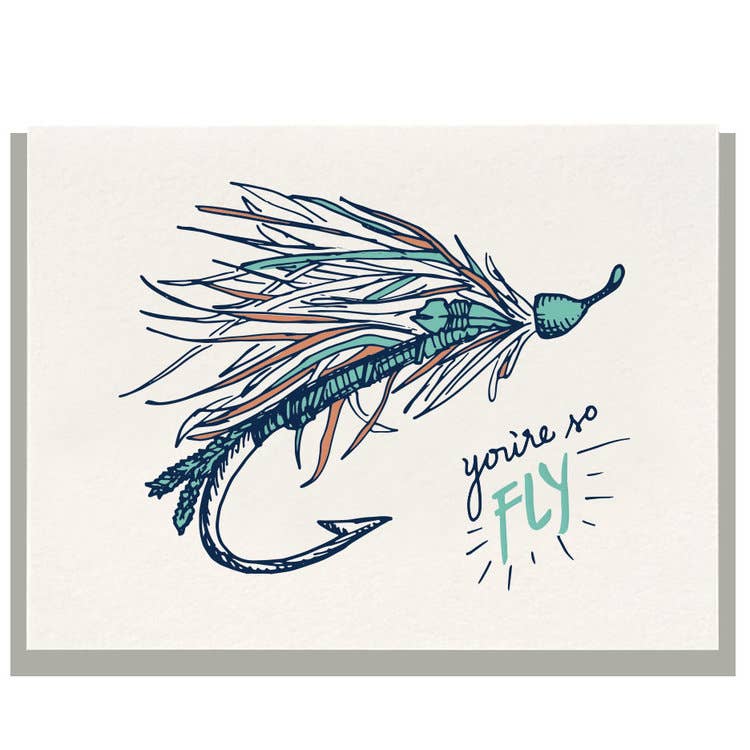 Hand-illustrated fishing hook card on cotton paper, featuring a sketch of a fishing hook. Product titled You're So Fly - Letterpress Father's Day Card. Includes 1 card + envelope, 4.25 x 5.5 folded size.