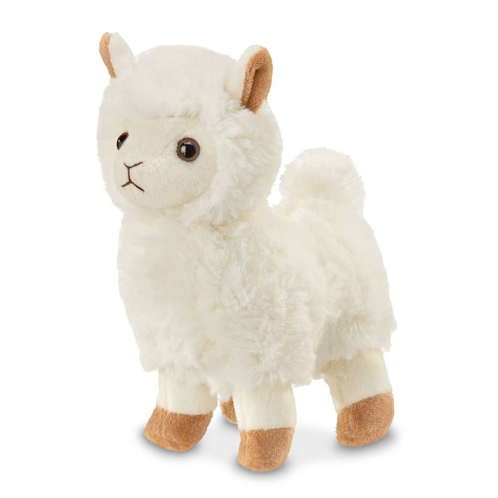 A 7-inch plush llama toy from the Bearington Collection, featuring a white body with brown ears and a cute embroidered brown symbol.