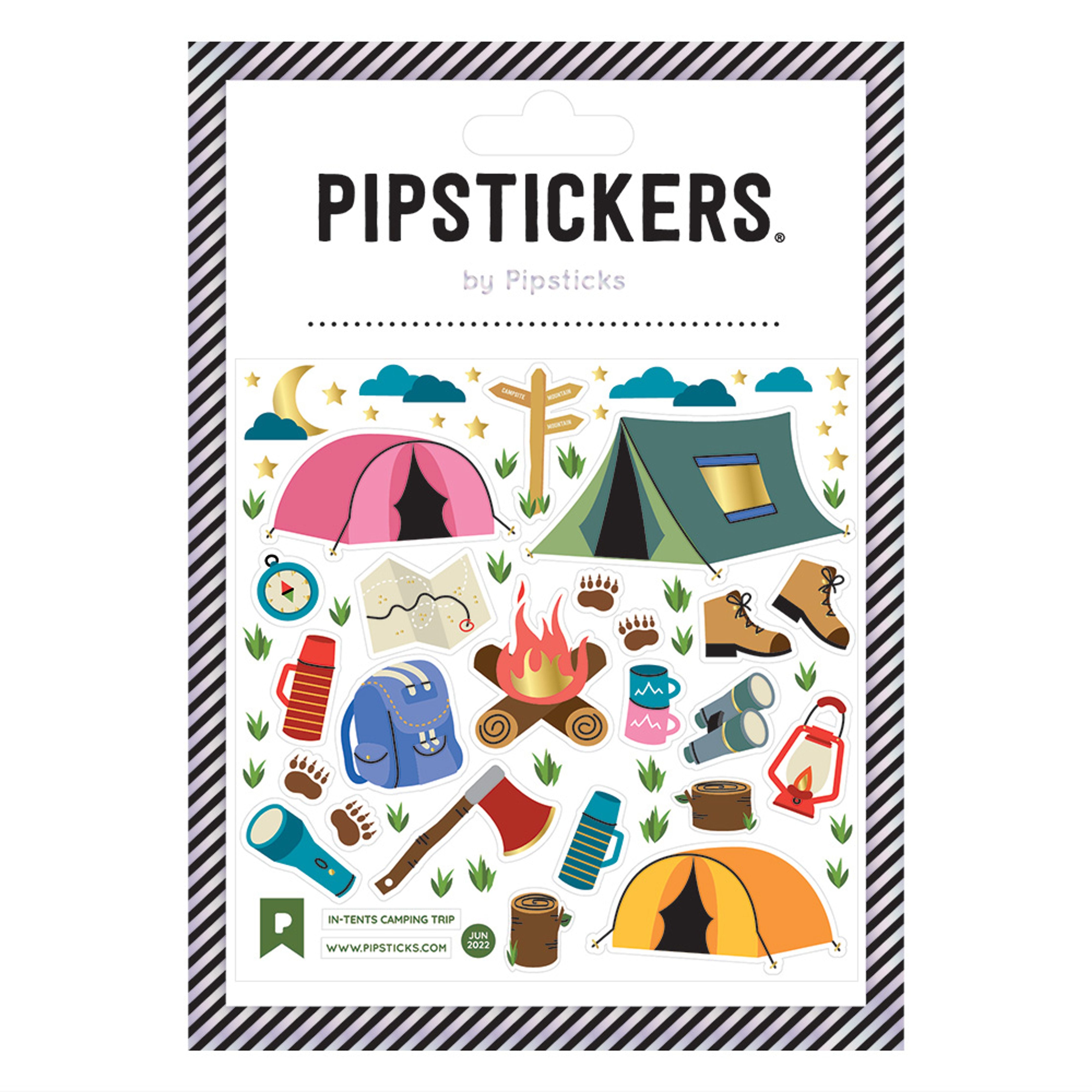 A sticker pack featuring camping items like tents, backpacks, mugs, and a fire illustration, embodying the adventurous essence of the In-Tents Camping Trip product.